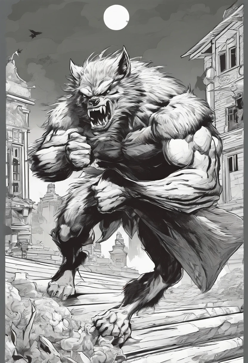 black and white masterpiece of a angry werewolf fighting a angry vampire, simple background of city, line art, heavy outlines, white and black