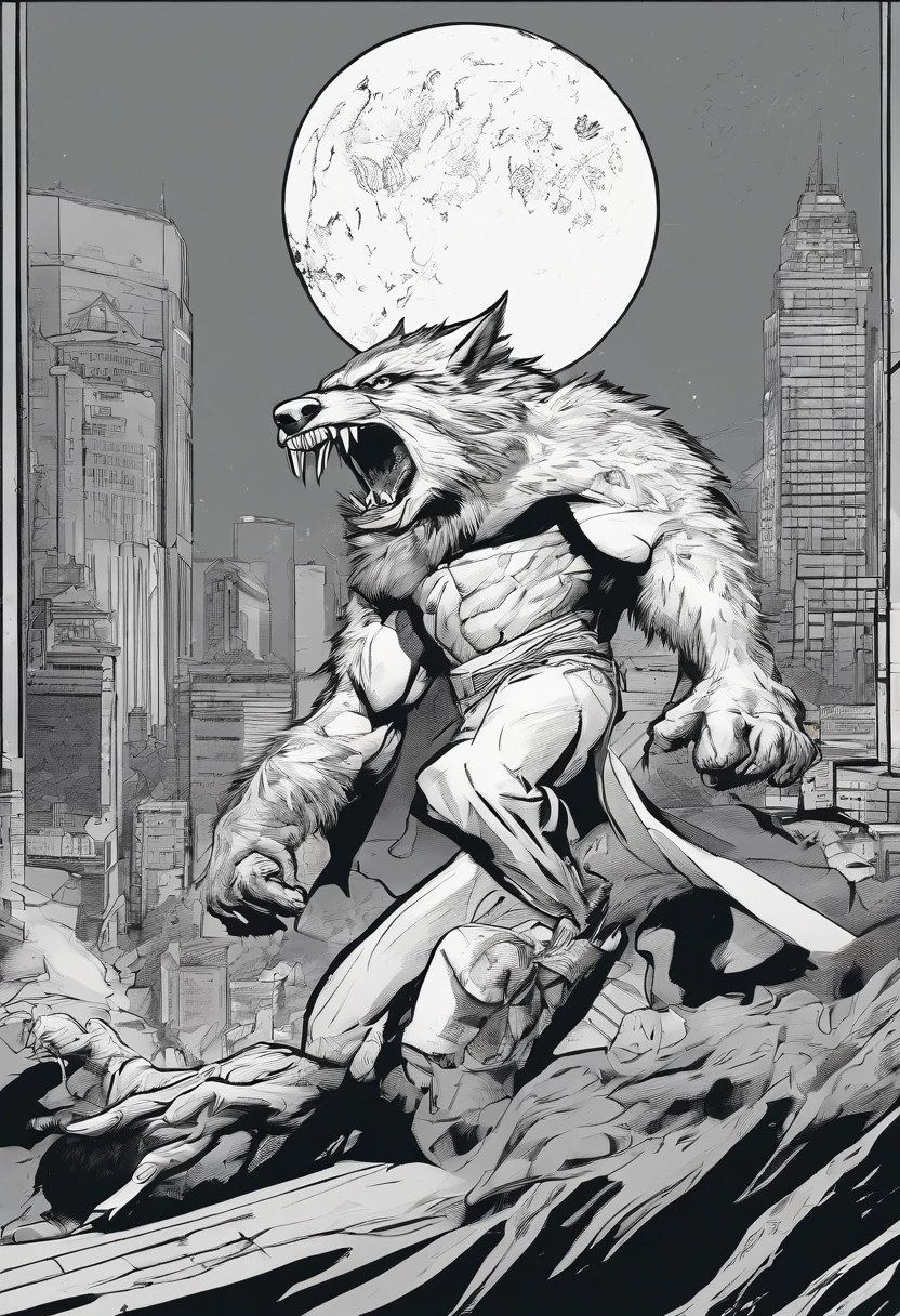 black and white masterpiece of a angry werewolf fighting a angry vampire, simple background of city, line art, heavy outlines, white and black
