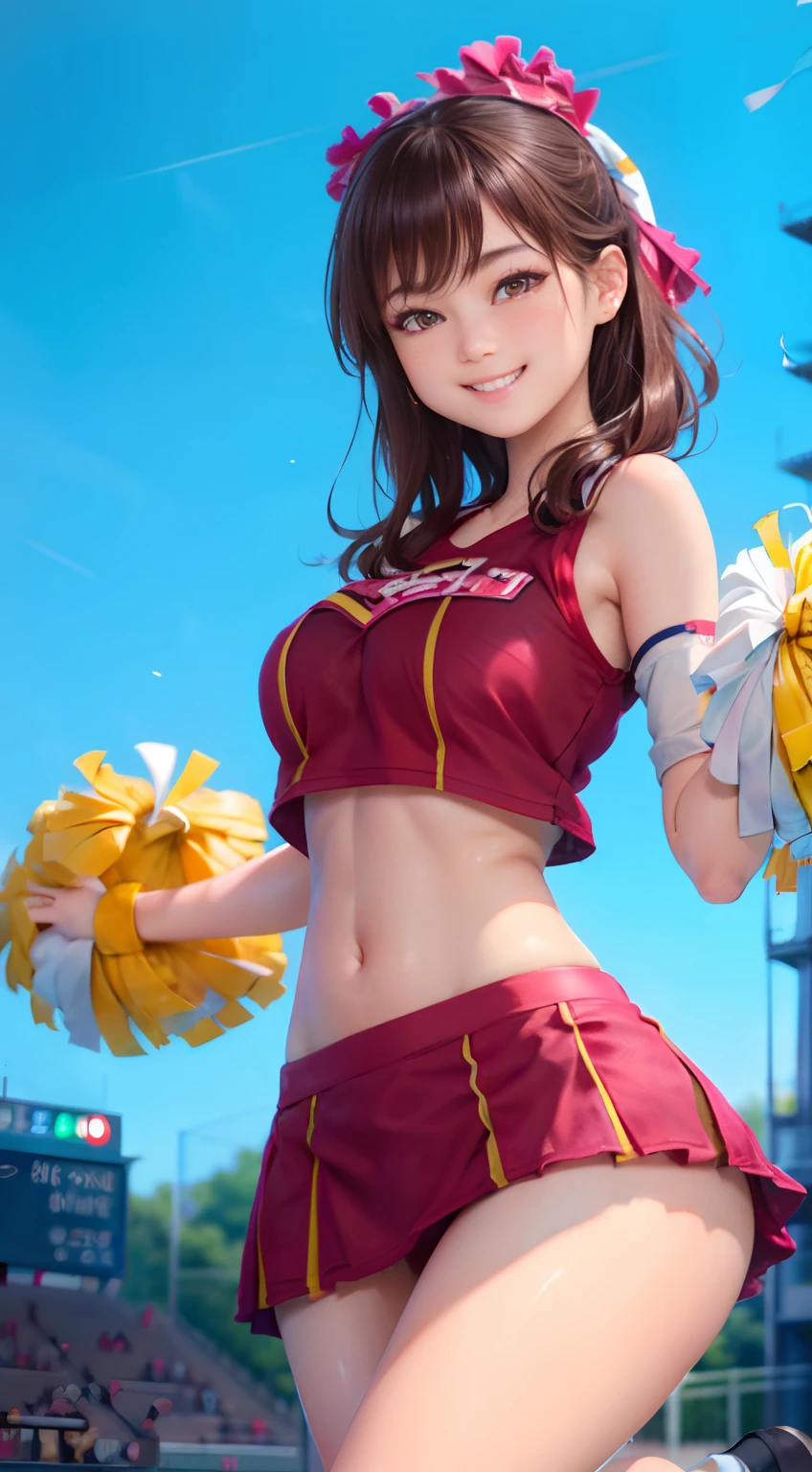 8K raw photos、Beautuful Women:2.0、20yr old、jpn、Cute Baby Turtle、nedium breasts、((cheer girl:1.5))、a miniskirt、Right foot high kick、beautiful eyes finely detailed、⁶、((Brown eyes:1.2))、beautiful double eyelid、eyeshadows、Perfect eye makeup、((A smile:1.6))、Beautiful and thin legs、(Maroon hair)、Medium Hair、fluffy hair、stadio、Daytime、Latina、Photorealsitic:1.9、Sexy navel、Skinny Legs、tthin eyebrows、Tear bag、lofty nose、((extemely sexy))