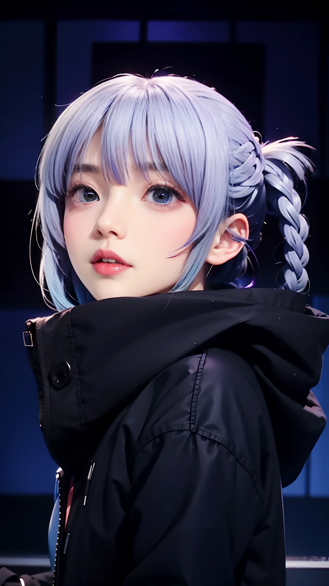 1 girl, Nanakusa Nazuna, light blue eye color, wears a black jacket, hair braided back, purple hair color