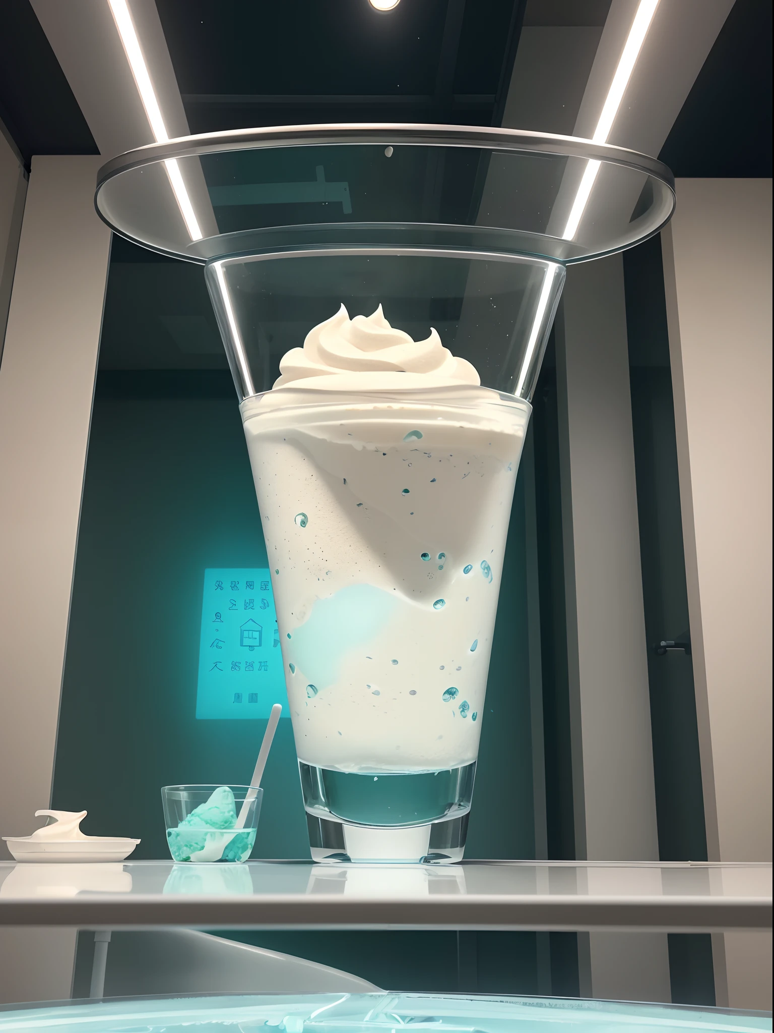 Delicious soft-serve ice cream no human, (head out frame,wide shot:1.2), (masterpiece, best quality, extremely detailed:1.0), Background is Laboratory, SF, Water Capsule, Population machine, with green water, glass cylinder, Near-future interior, hard walls, pipes, metal, Night, lights out