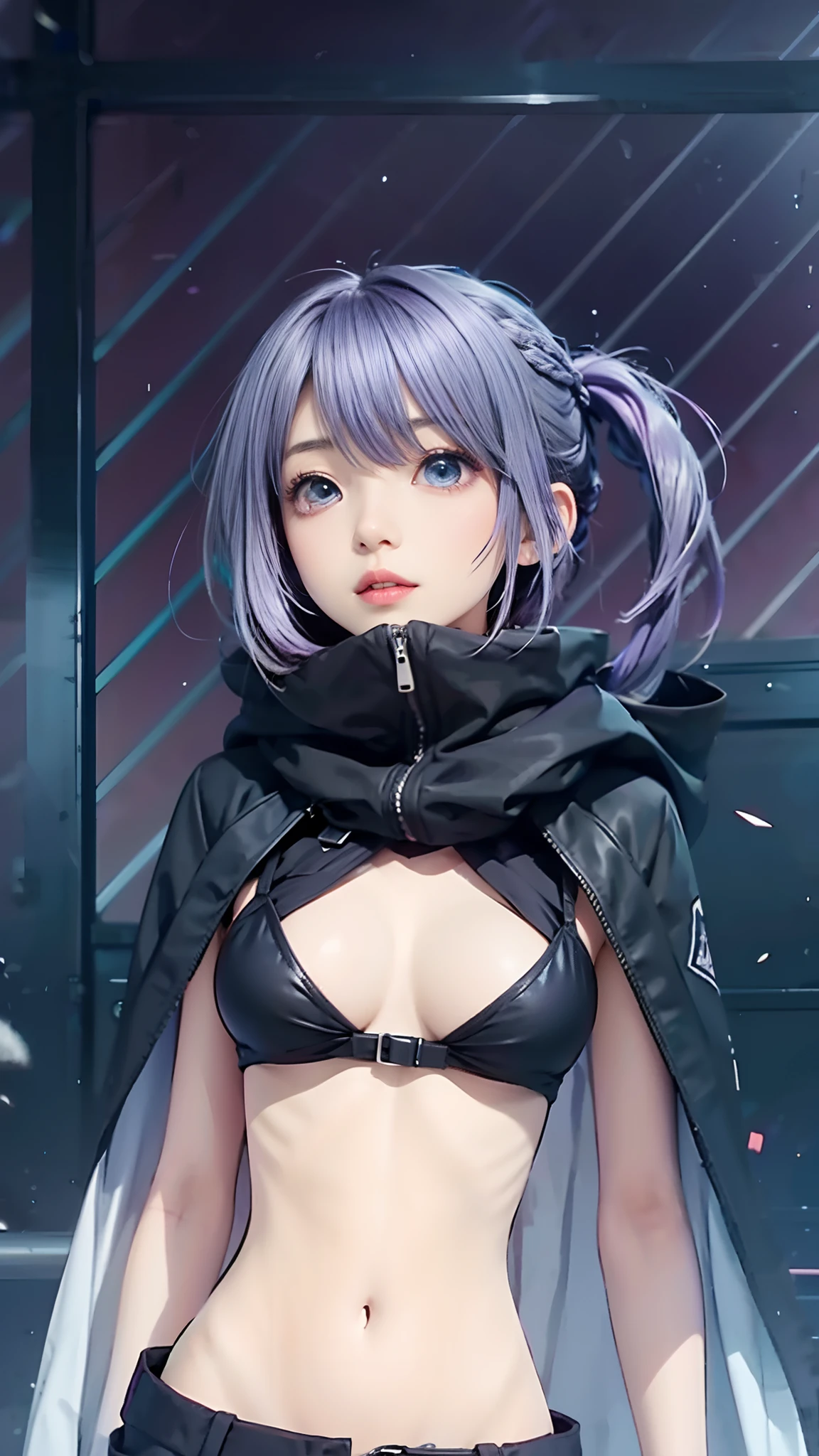 1 girl, Nanakusa Nazuna, light blue eye color, wears a black jacket, hair braided back, purple hair color