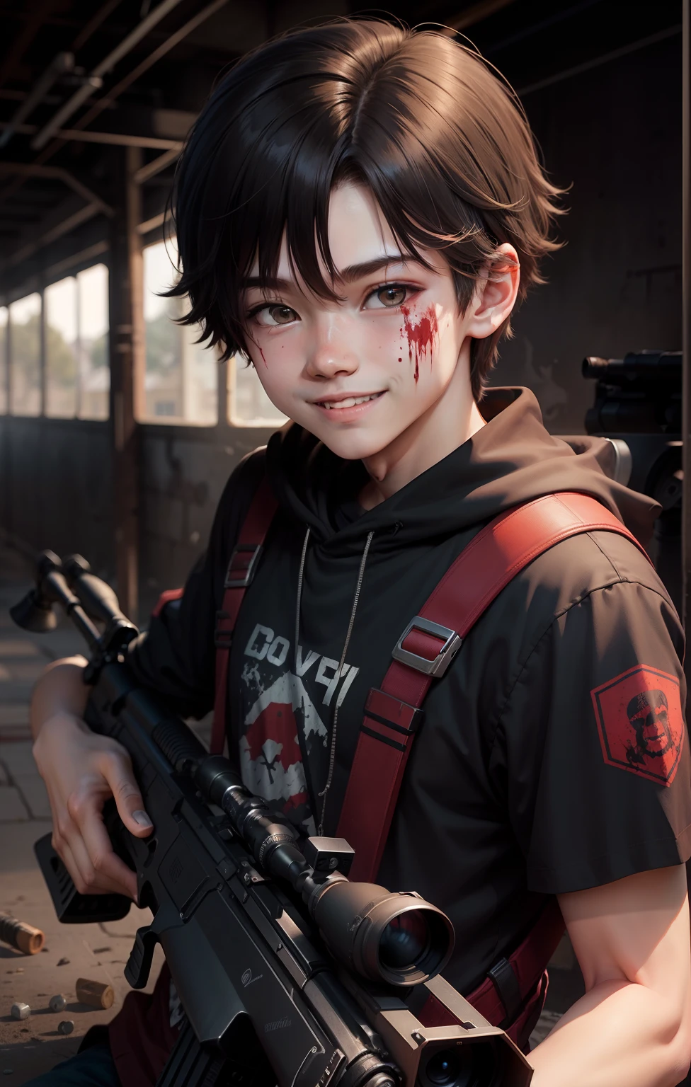 Short highschool boy, smiling, aiming with sniper rifle, unmature look, stained blood shirt, apocalypse style