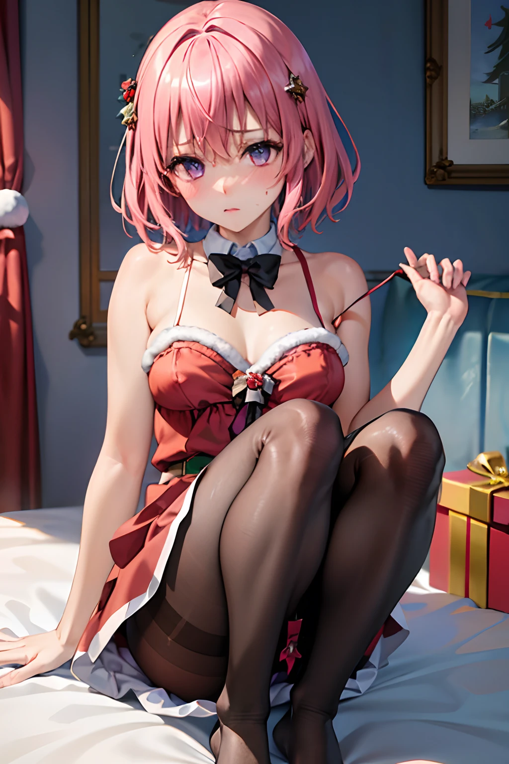 (top-quality:1.1), (masterpiece:1.4), (absurderes:1.0), portlate, a closeup,
1girl in、Momovelia Deviluk、hair adornments、bob cuts、Shorthair pink hair、a purple eye、Medium chest、((Santa Claus clothes))、looking at the viewers、Bedroom、(red blush:1.2)、embarassed expression、(((Black pantyhose)))、on the beds、((Leotard))、((opening legs))、