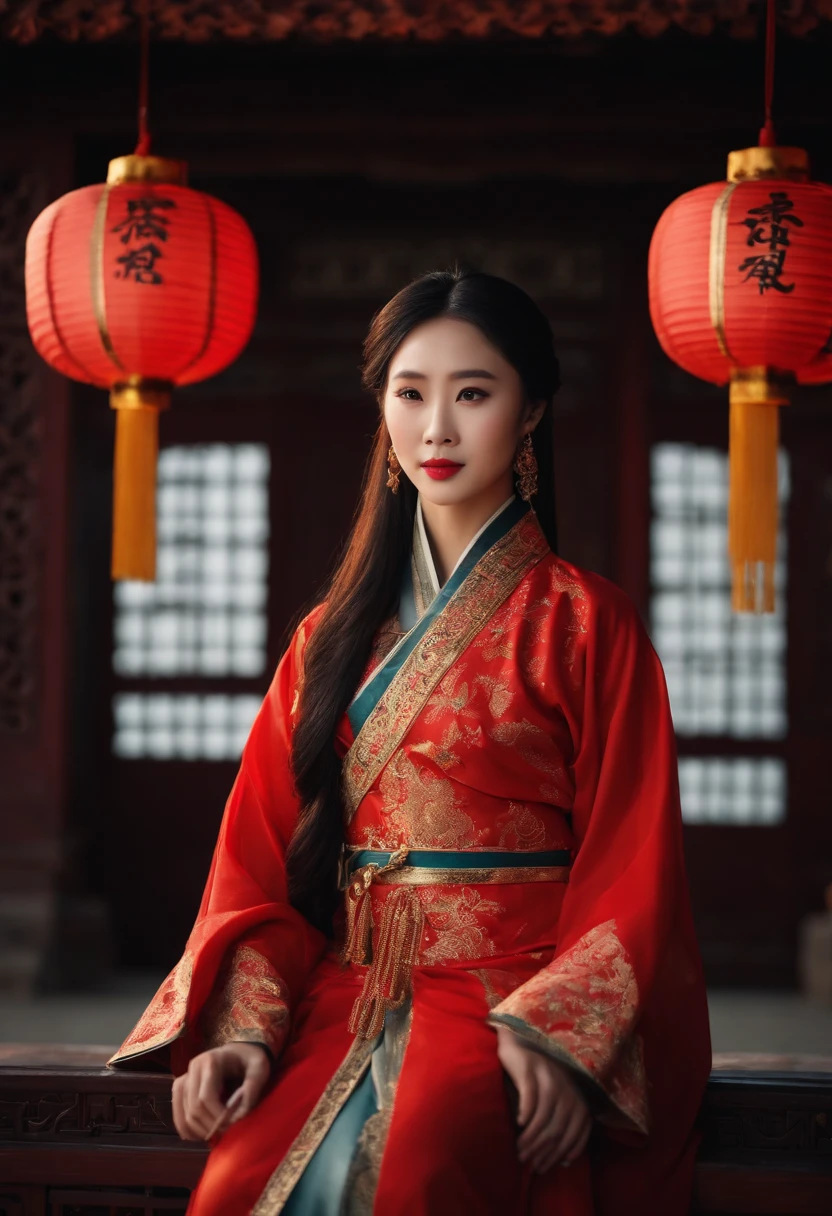 1womanl, 24 years of age，Chinese Beauty，Long hair，Big eyes，The chin is slightly pointed，((Focus above the thighs))，Star-studded beauty，Chinese costumes，Gorgeous，Ancient Chinese court architecture，Chinese elements，the night，Countless lanterns，Front lighting，