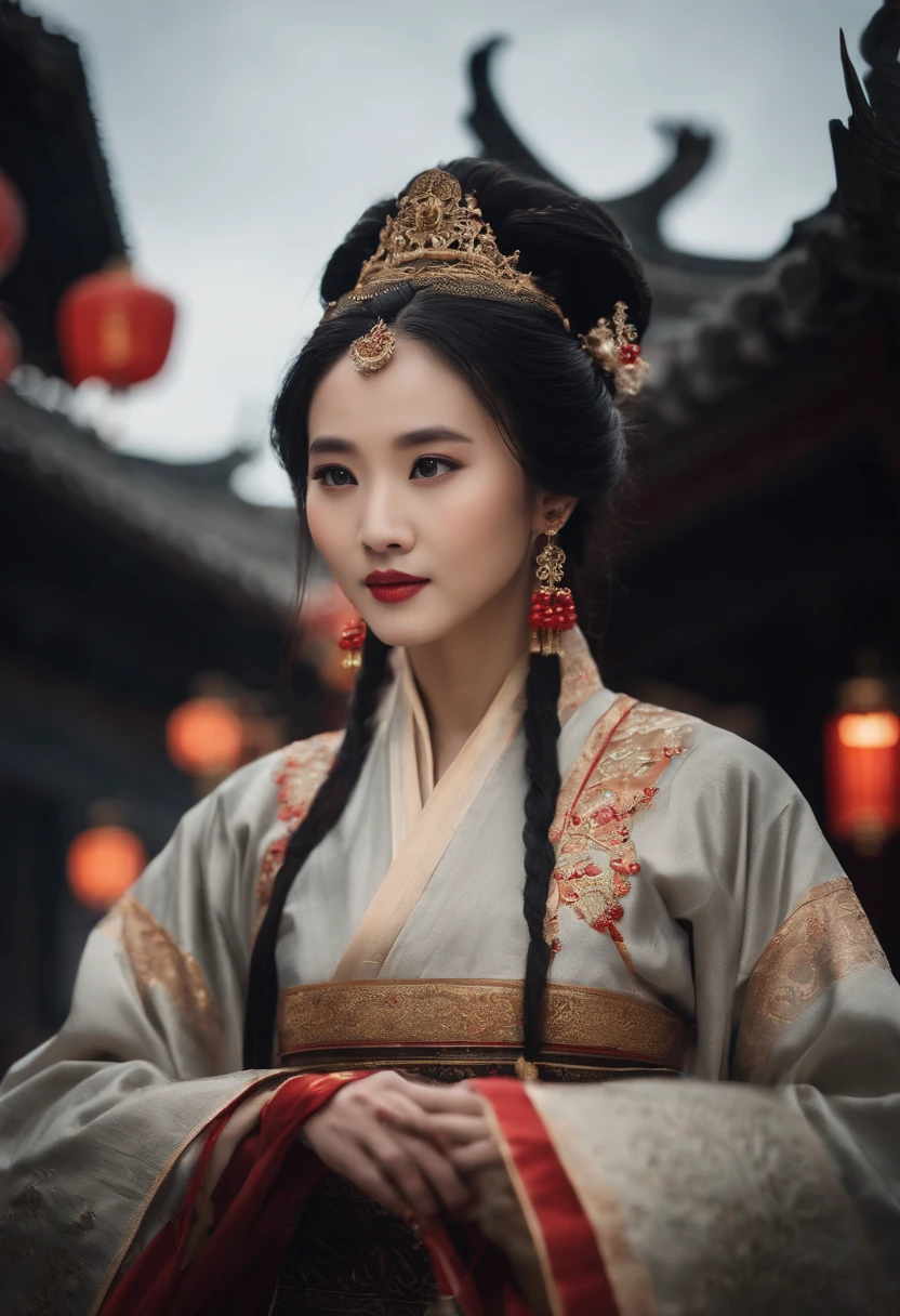 1womanl, 24 years of age，Chinese Beauty，Long hair，Big eyes，The chin is slightly pointed，((Focus above the thighs))，Star-studded beauty，Chinese costumes，Gorgeous，Ancient Chinese court architecture，Chinese elements，the night，Countless lanterns，Front lighting，