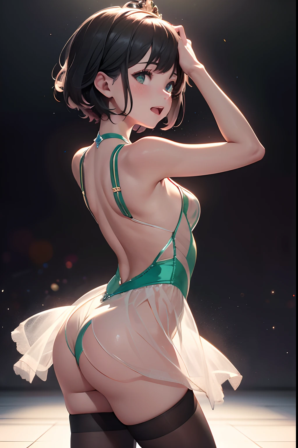 ((masterpiece,best quality)), highres, extremely detailed 8K wallpaper, depth_of_field, best shadow, (Colorful),(Delicate eyes and face), nice hand, Perfect hands, (Perfect lighting), Ray tracing, BREAK
((dancing)), (1girl in), mogami \(kancolle\), black hair, short hair, black eyes / green eyes, swept bangs, small breasts, slender, skinny, smile, (full-face blush), open mouth, BREAK,
(ballerina, ballet:1.2), (tutu:1.3), (dark leotard:1.2), (transparent dark dress:1.3), (black pantyhose:1.2), bare shoulders, tiara, cameltoe, point shoes, ballet slippers, sexy, BREAK,
(cowboy shot and knee:1.5), stomach focus, from behind, ((dancing saloon)), night time, (dark backgrounds:1.3),