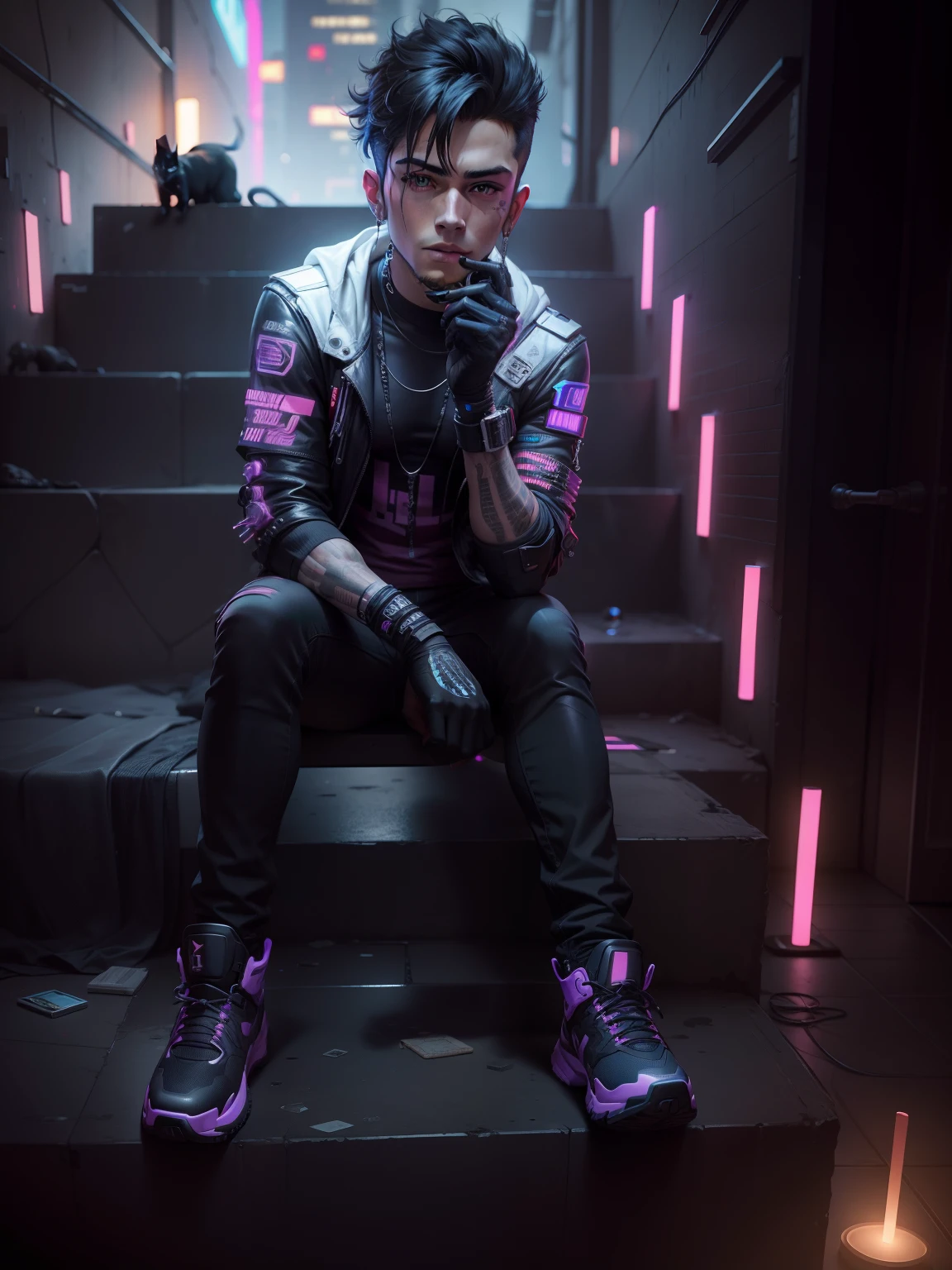 cyberpunk handsome boy ultra realistic with cat