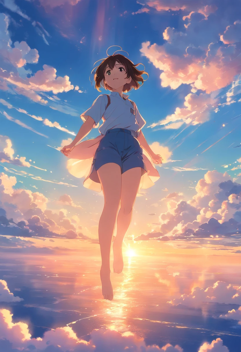 masterpiece, best quality, movie still, 1girl, cloud girl, floating in the sky, close-up, bright, happy, warm soft lighting, sunset, (sparks:0.7)