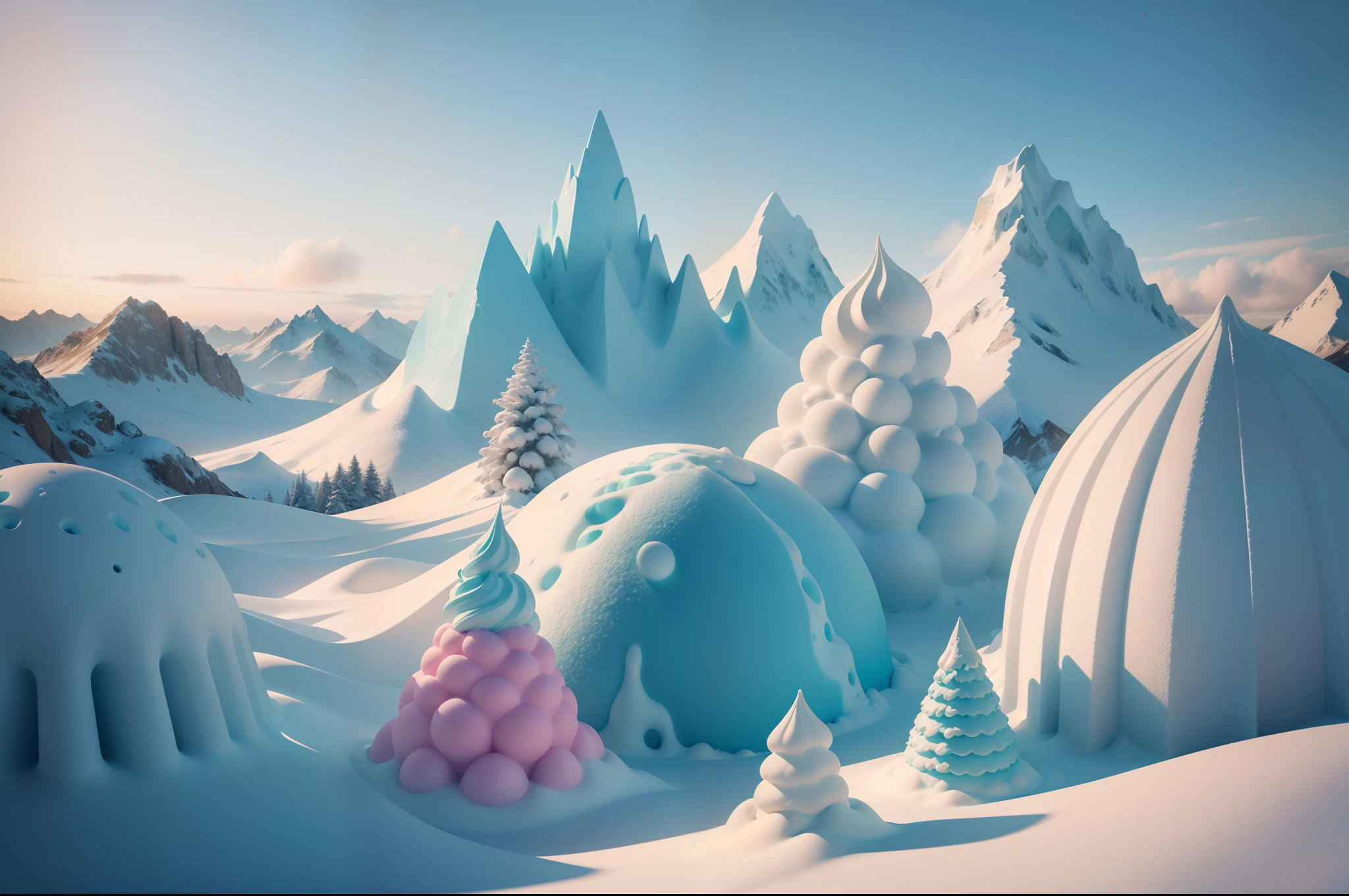 Ice cream fantasy world, mountains made of ice cream with toppings, trees made by green ice popsicles, snow man made with ice cream spheres, small snowflakes falling, fences made with obleas. Pastel colours palette.Dreamy, surrealistic concept, photorealistic 3d art.