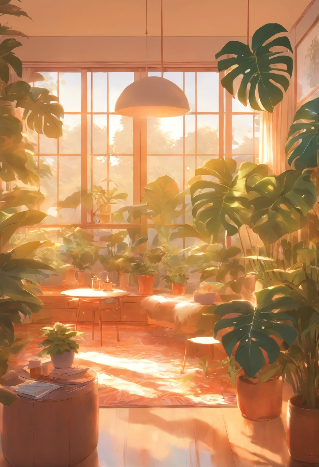 In the large bright living room，carding、Coffee table minimalist style，In the middle is a large pot of white monstera、Kotoha Rong、Tropical plants