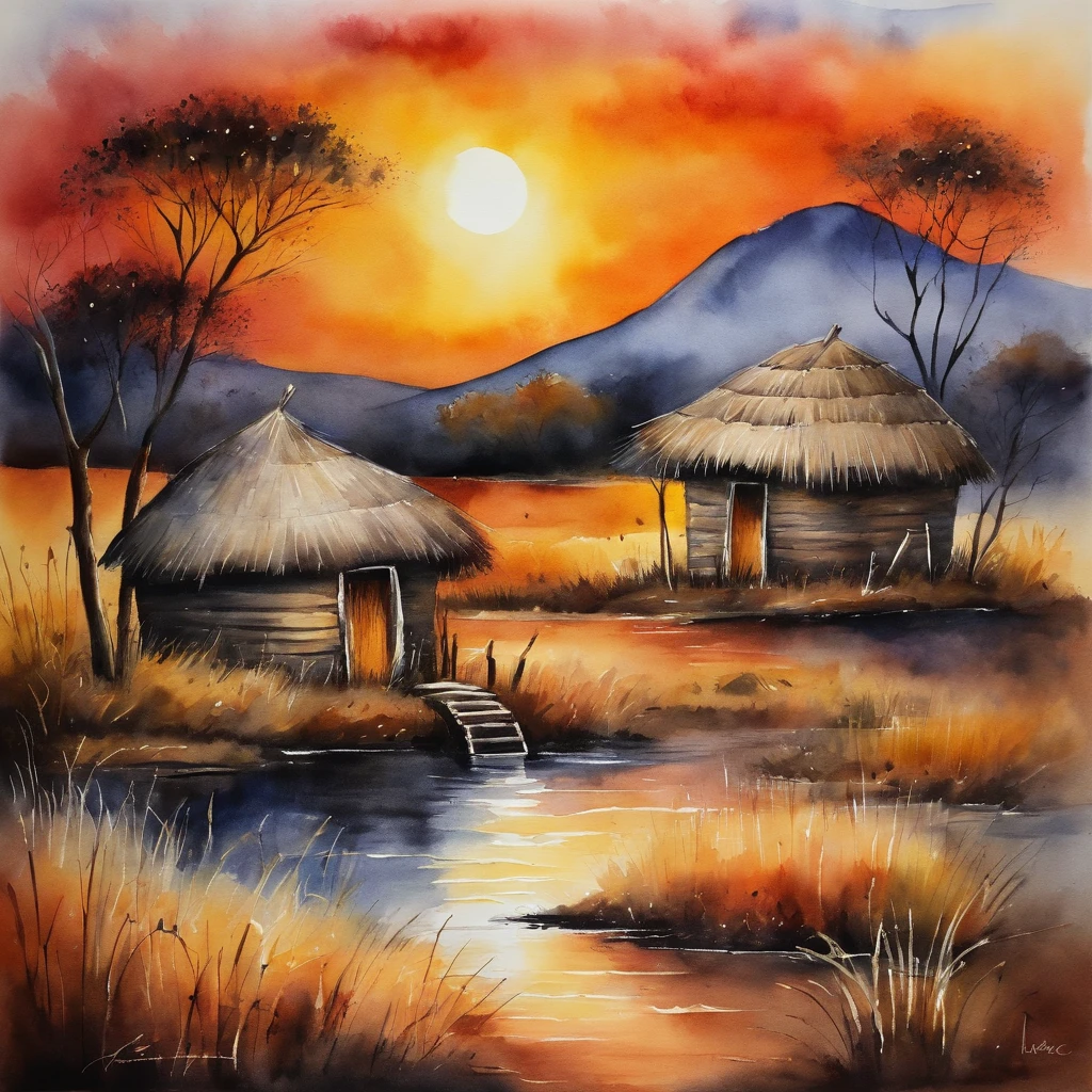 painting of an african traditional huts, sunset, near the lake, musty, by picasso