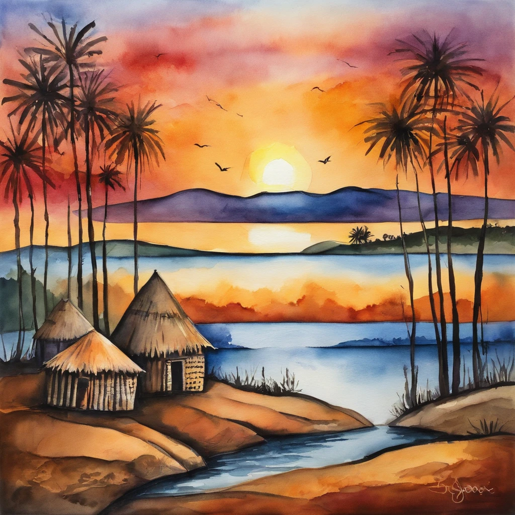 painting of an african traditional huts, sunset, near the lake, musty, by picasso