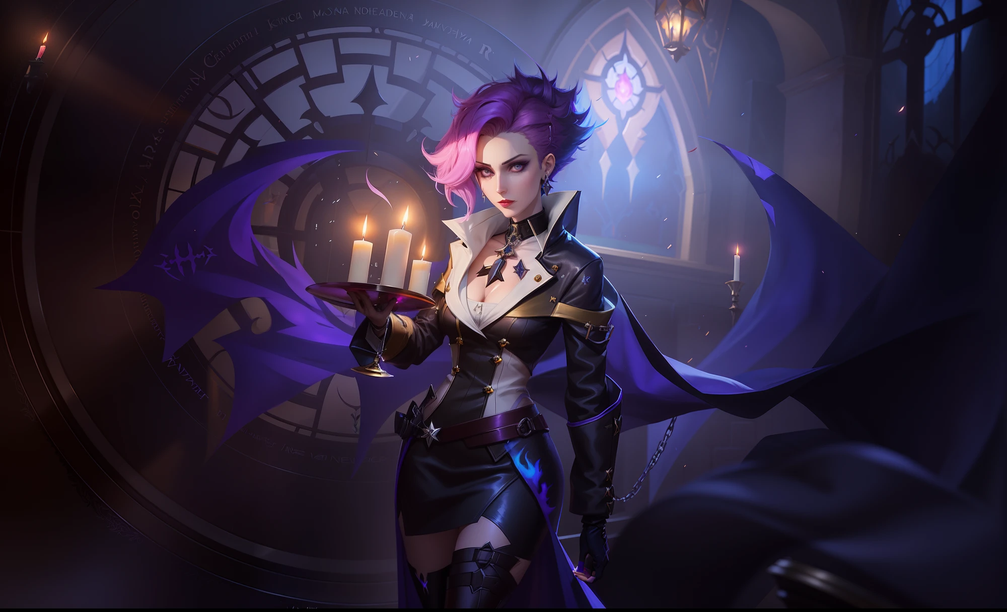anime character with a candle in her hand in a dark room, moira from overwatch, leblanc, painted in the style arcane, portrait of jinx from arcane, zenra taliyah, kda, official splash art, androgynous vampire, valentina remenar, heise jinyao, arcane jayce, range murata and artgerm