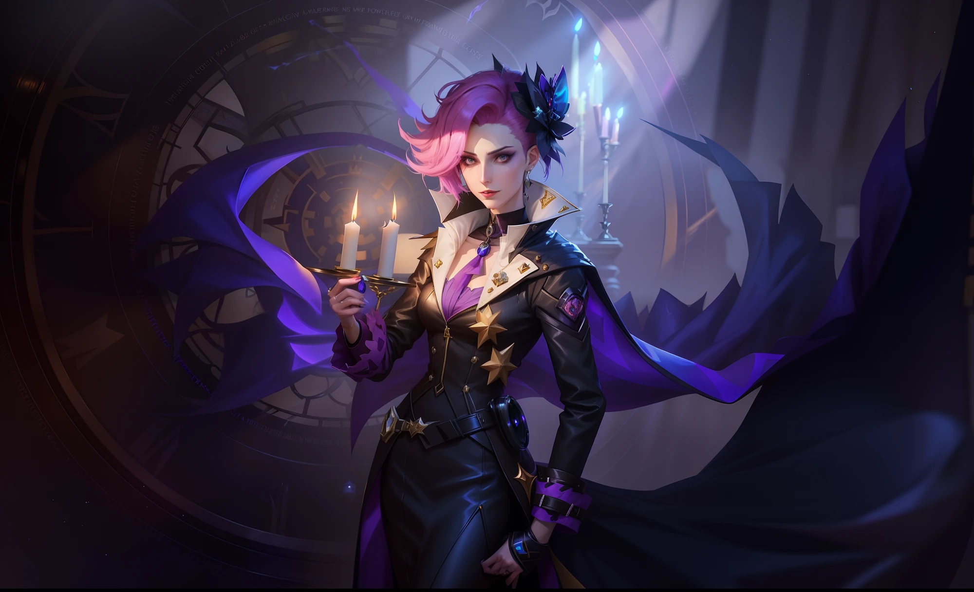 anime character with a candle in her hand in a dark room, moira from overwatch, leblanc, painted in the style arcane, portrait of jinx from arcane, zenra taliyah, kda, official splash art, androgynous vampire, valentina remenar, heise jinyao, arcane jayce, range murata and artgerm