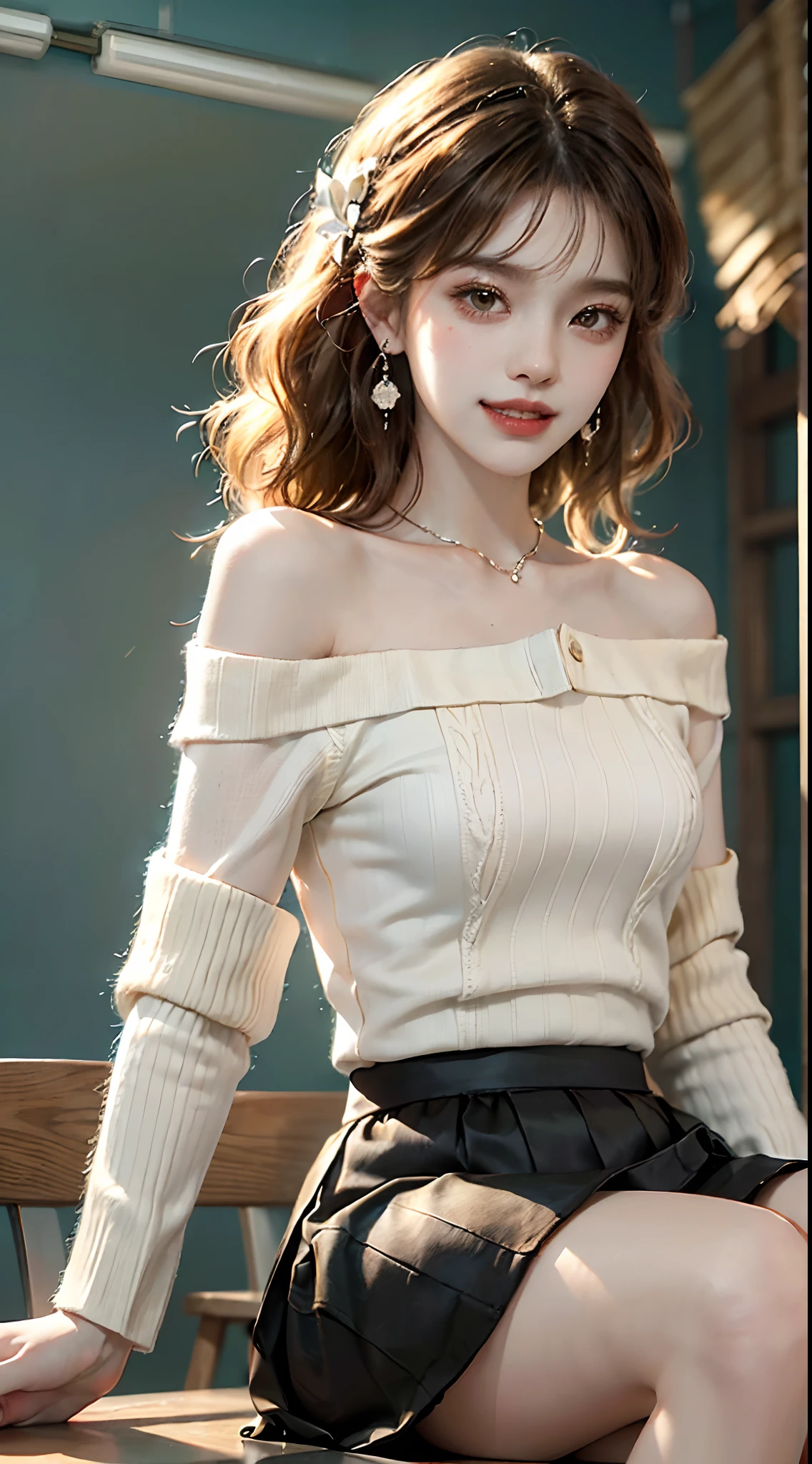 ((full body)), ((from below)), ((realistic)), ((Sit Pose, Holding Erlang's legs)), ((off shoulder clothes)), inside a classroom, Detailed scenes, 1girll, looking toward the viewer, (grin, Leaking teeth), Asian model, curlies, Air bangs, Beautiful hair accessories, Brownish-yellow hair,((whitesweater, black short skirt)), (warm lights, a warm color palette), Detailed details, ultra-detailliert, (tmasterpiece, best qualtiy), (An extremely delicate and beautiful work), Delicate earrings, Simple blurred background, Extreme detail description, Ultra-fine painting, Delicate face, slim toned body