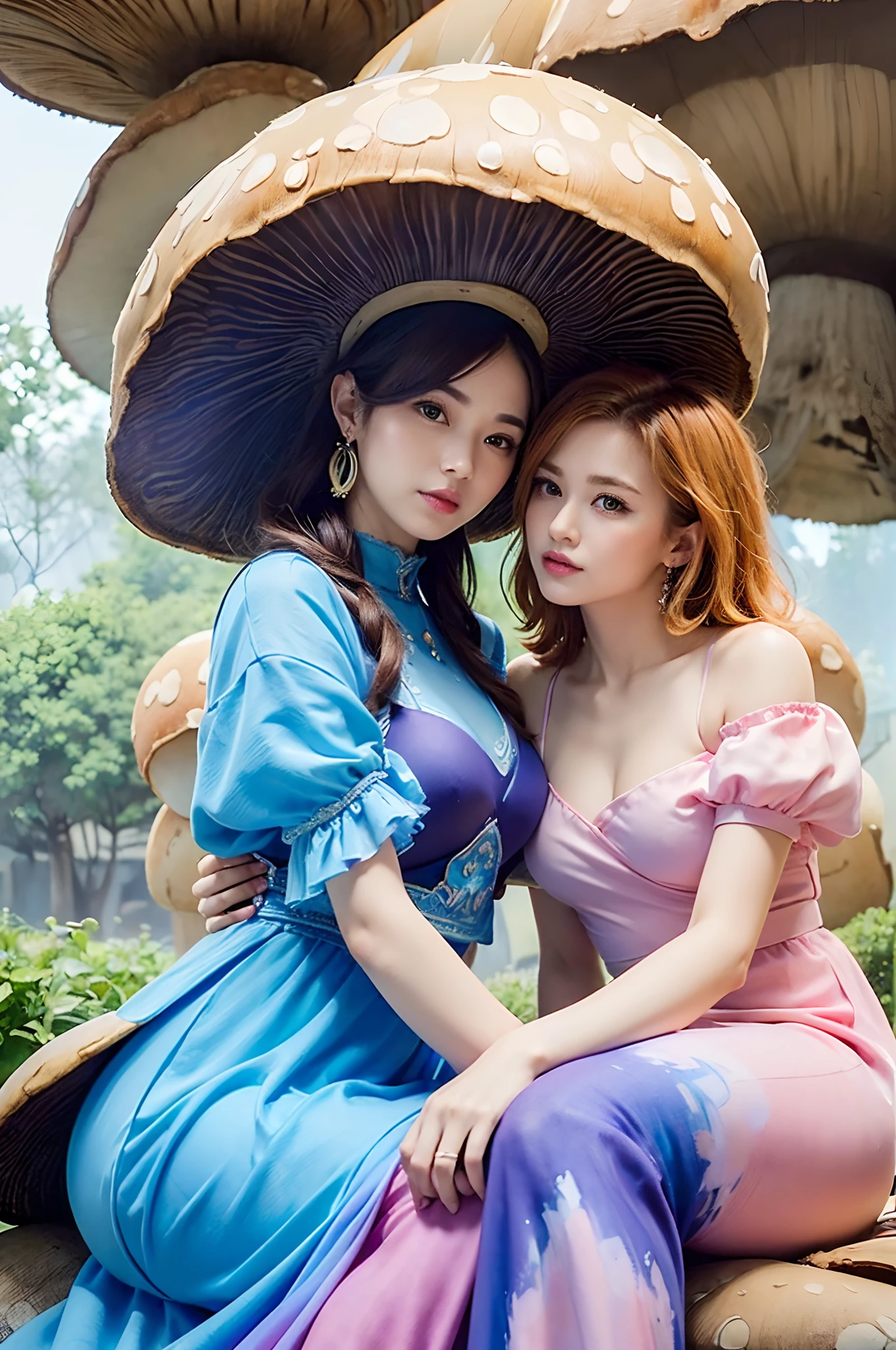 (Best quality,Masterpiece:1.2,Face focus:1.4,Wide eyes,Beautiful eyes:1.4,Dynamic posture),
Break,
(a couple of lesbians:1.5) sitting together on a (giant mushroom:1.2),leering:1.2,Tutu dress,vivd colour,
Break,
Fantastical world,fantasy,((Watercolor painting)),ulzang-6500-v1.1,