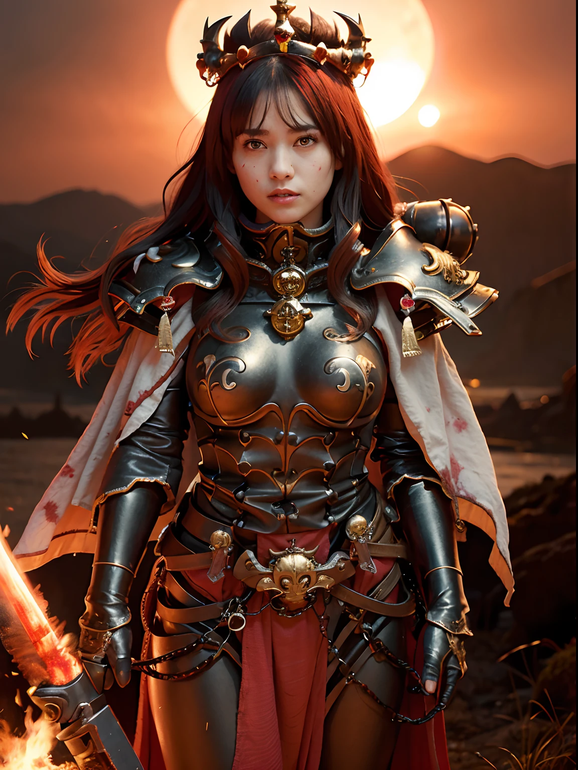 (Bleeding from the head), Professional , ​masterpiece、top-quality、photos realistic , depth of fields （Gemstone Black Metal Body:1.4),(Matte Black、Toostock、（cleavage of the breast）、（(Random Hairstyles 1.5),Dark Fantasy,）explosions、intense fighting、Blood on the face,Blood Rain,Blood fog（blood splattere：1.9),Dragon Gold Weapon,Mystical expression、Particles of light、Fight dragons、（Dragon Metal Body:1.４),Gorgeous Silver Weapons ,（（ Dragon's dense and gorgeous sword）） , Beautiful knife   ,warhammer 40k , adepta sororitas,Detail and gorgeous crown、（（Red hair））、（Castle background）、、（（Gangle's forest background））、Beautiful Caucasian beauty、１a person、dynamic ungle,(((Detailed and ornate Black Devil Crown)))、Smaller head、A smile、Castle background、Thin and beautiful female hands、cleavage of the breast、Soldier in iron armor on background、Mystical expression、Light Effects、intense fighting、Wind-effect、magic circles、With the legendary magic wand、（demonic wings）、