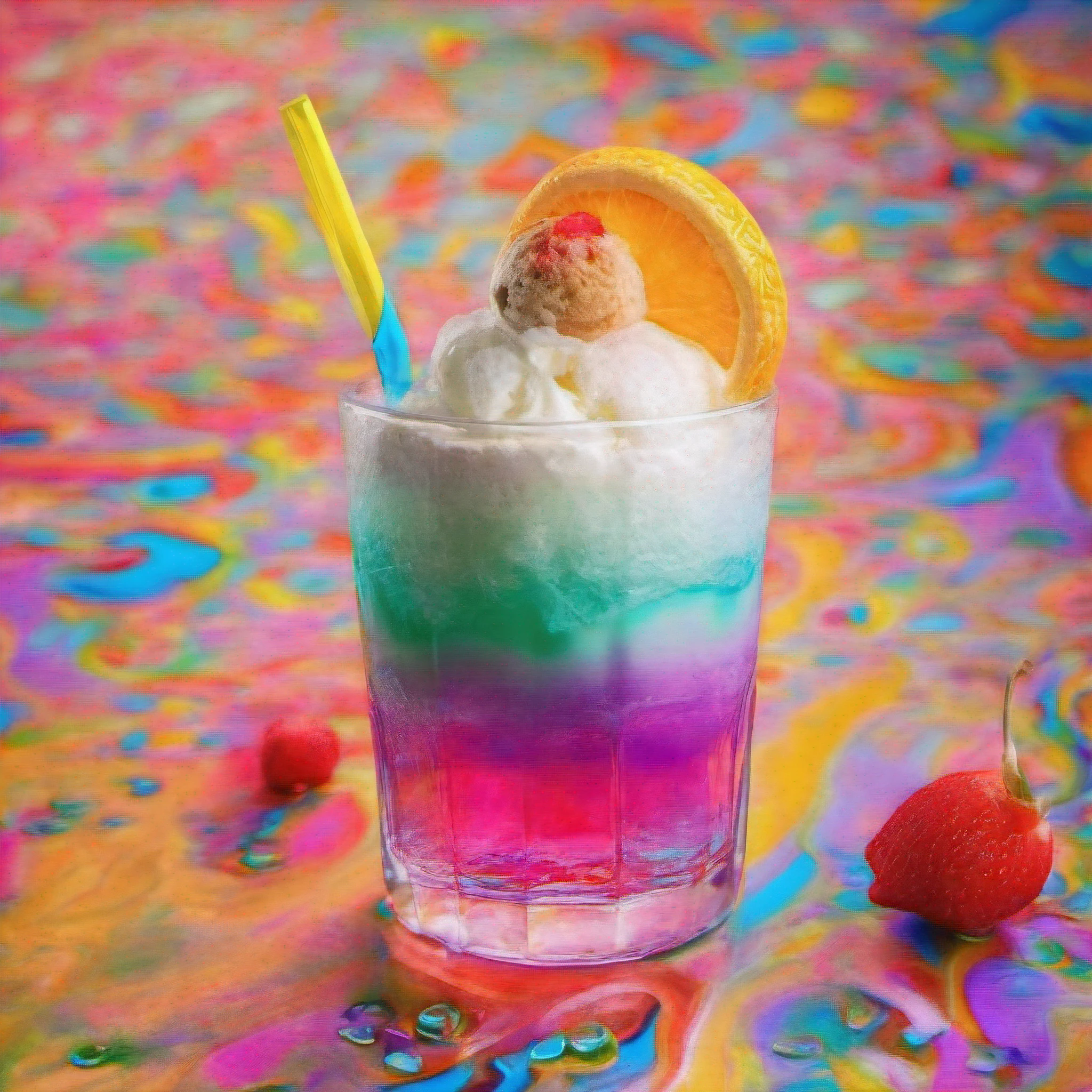 glass with ice cream on top of brightly colored carbonated water