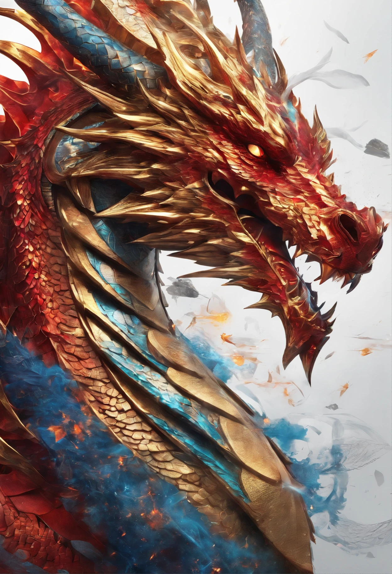 (Dragon celestial dorado) con (ojos penetrantes de color rojo),primer plano soltando (fuego de sangre) por la nariz,escamas bulumetricas,alta calidad,8k,muchos detalles,paticulas de fuego,alas,4patas,garraz manchadas,oro,peligro,fuego,dientes filosos,dragon gigante,colosal,amenazante,imponente,escamas azules