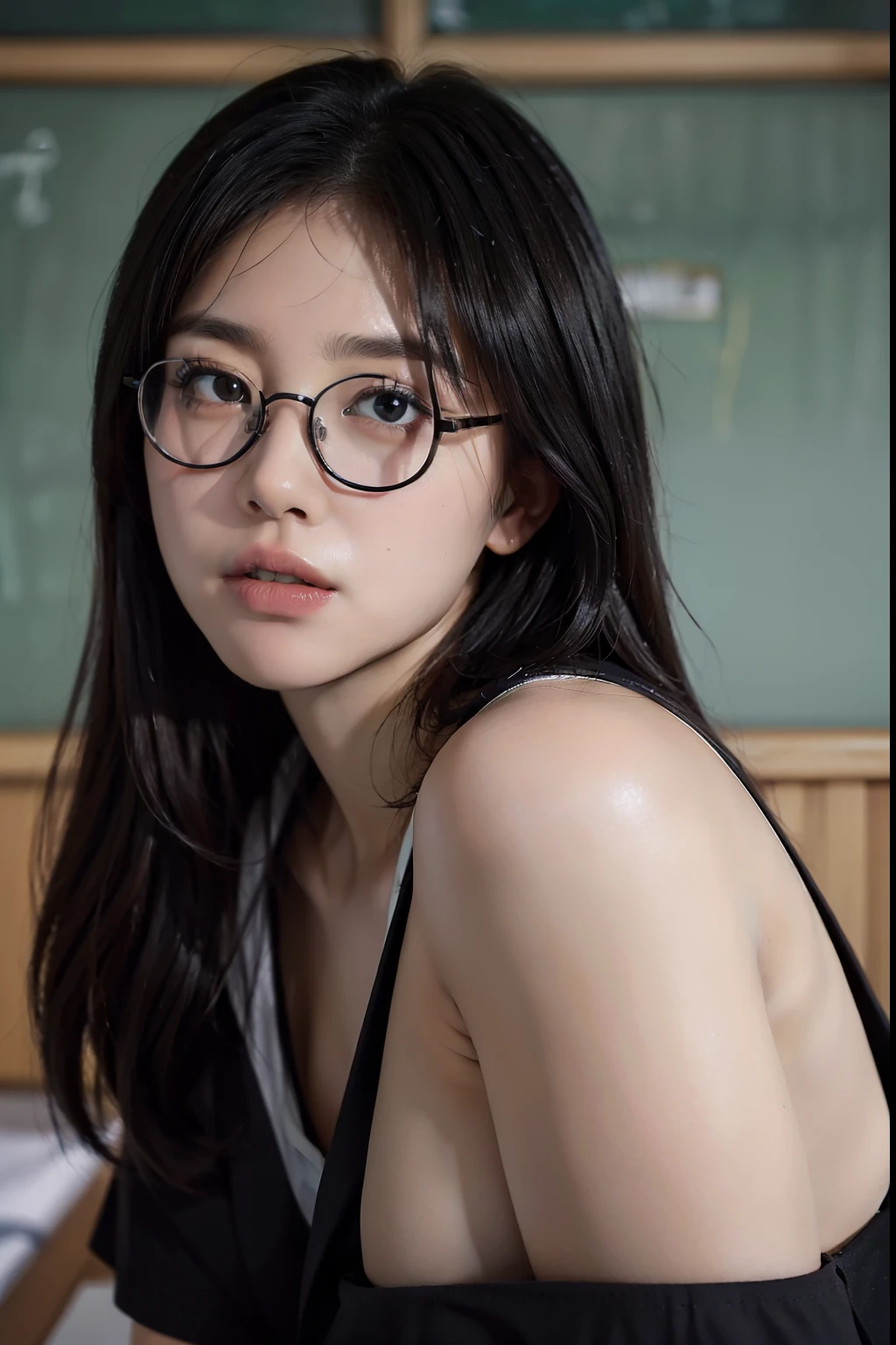 ((top-quality、8K、​masterpiece:1.3))、Black-rimmed glasses、A dark-haired、bobhair、hi-school girl、Round face、Plump lips、thighs thighs thighs thighs、Highly detailed facial and skin texture、A detailed eye、二重まぶた、Schools