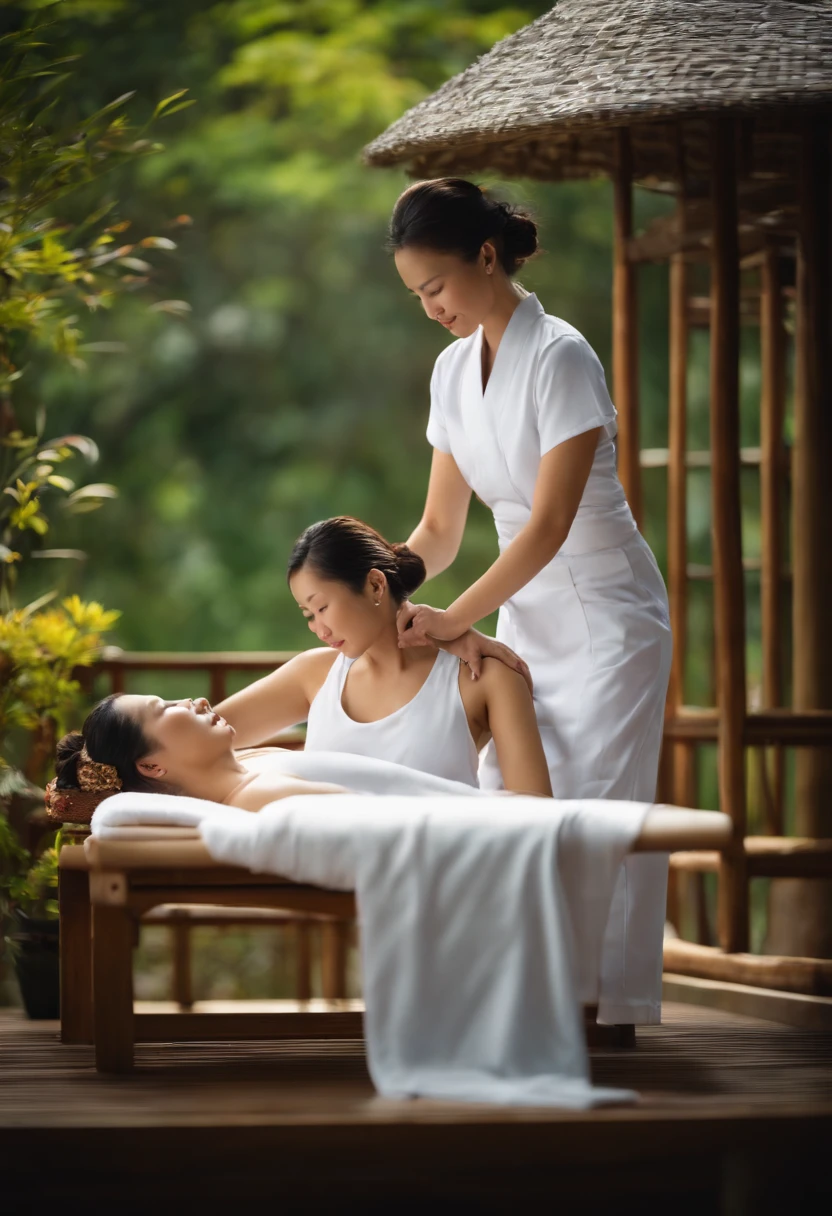Asian woman getting a massage at spa with woman in white gown,
