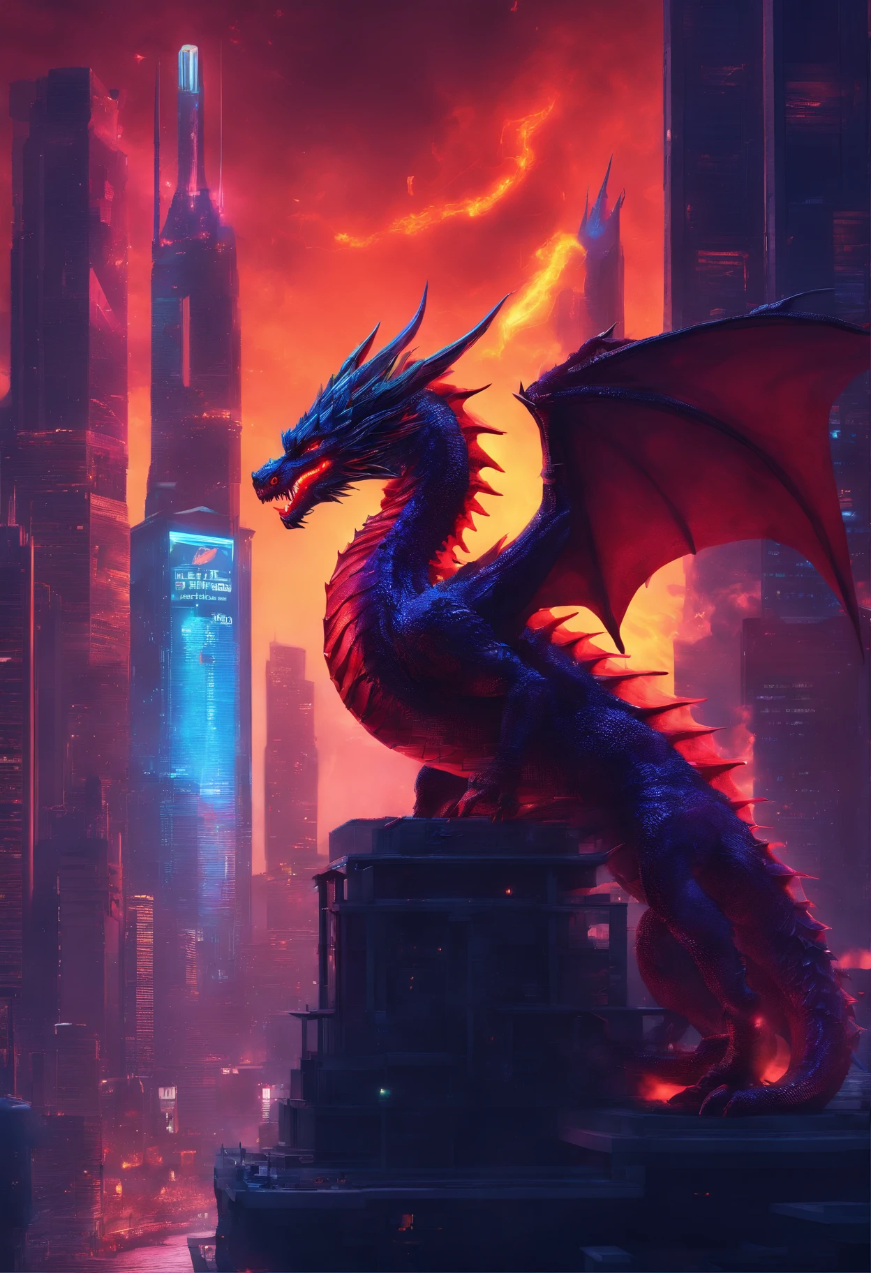 (Dragon celestial dorado) con (ojos penetrantes de color rojo),primer plano soltando (fuego de sangre) por la nariz,escamas bulumetricas,alta calidad,8k,muchos detalles,paticulas de fuego,alas,4patas,garraz manchadas,oro,peligro,fuego,dientes filosos,dragon gigante,colosal,amenazante,imponente,escamas azules