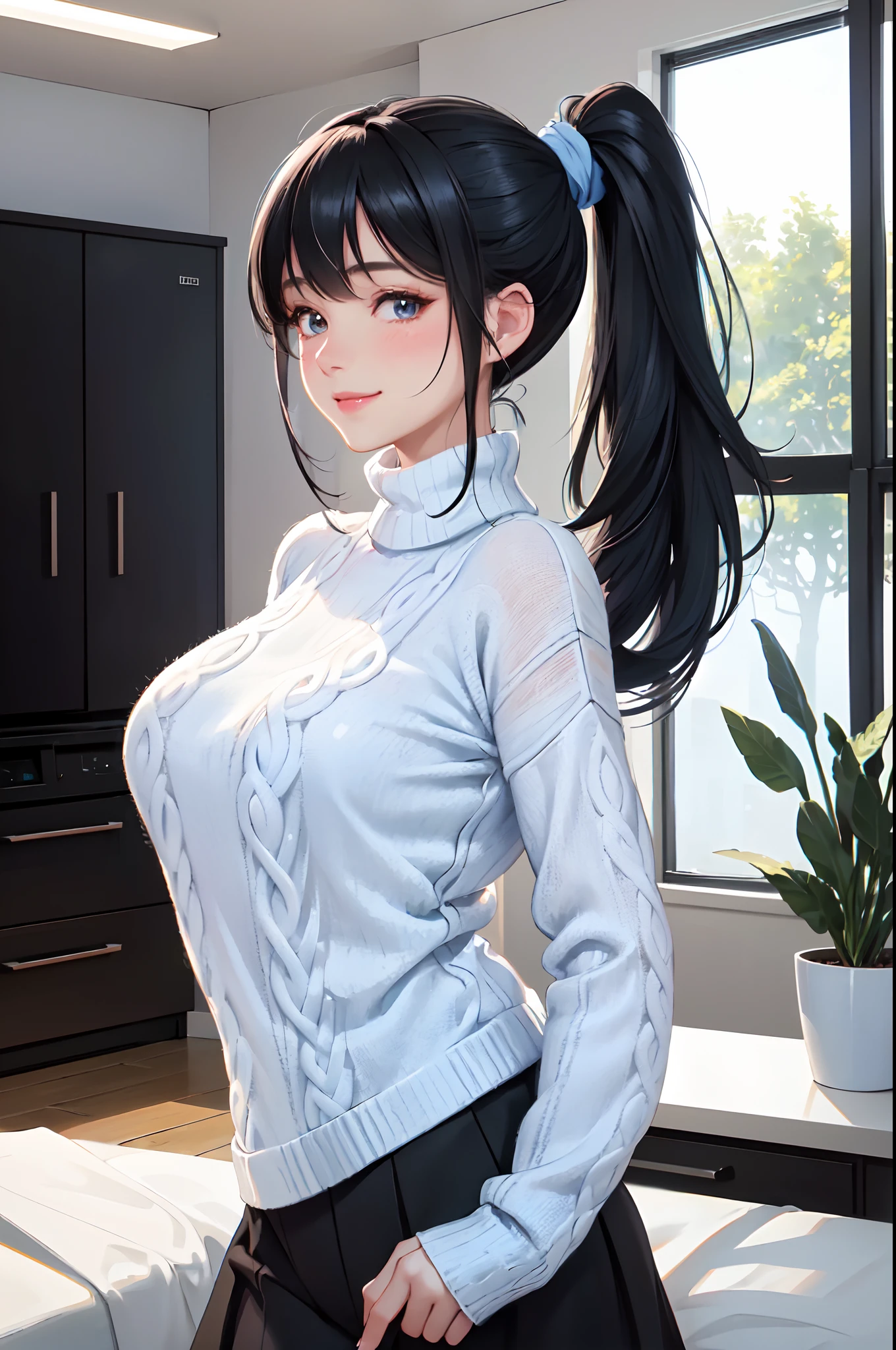 Modern home indoors, 1 Lady Solo /(Black hair side ponytail/), /(Aran Sweater Blue/), blush gentle smile, (masterpiece best quality:1.3) Delicate illustrations ultra-detailed high resolution, Large breasts