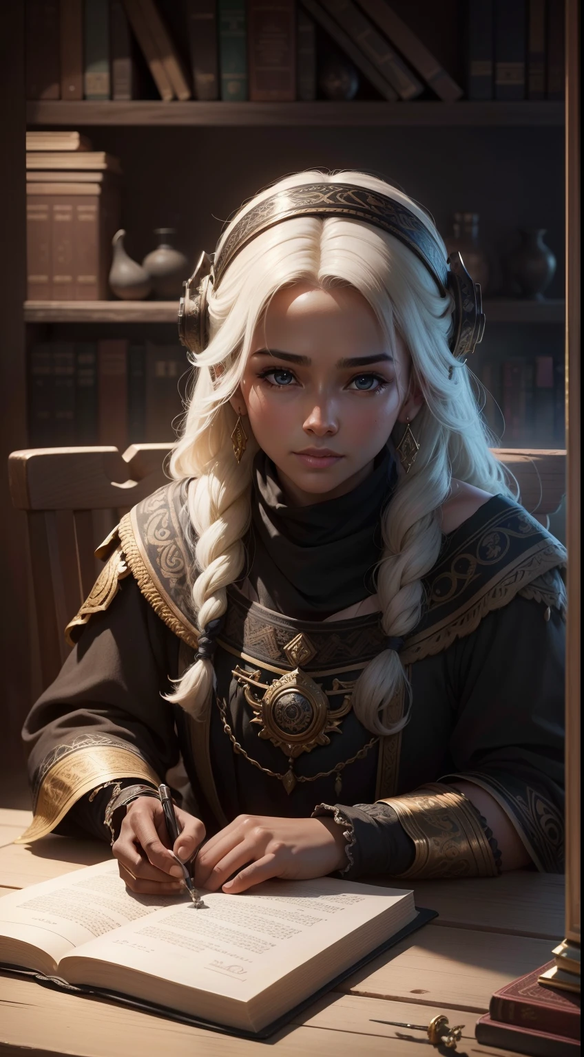 Half a body of an old black scholar is sitting in front of an old book in the mystery of Sceen, Eyes on camera, Tirar uma imagem clara do velho, Ultra HD |, Max Sharpen, 8k, Ultra detailed 101K resolution, Sf, trending on ArtStation, foco nítido, Studio shot, detalhes intrincados, altamente detalhado, ultra detalhado, Ultra HD |, Max Sharpen, 8k, Ultra detailed 101K resolution, Sf, trending on ArtStation, foco nítido, Studio shot, detalhes intrincados, altamente detalhado