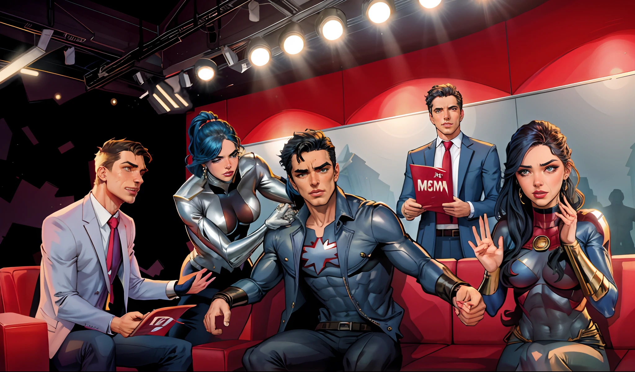 Superhero comix artstyle. People at talk show studio, journalists, makeup artist, handsome man, sad and angry young woman in tears. A lot of tears, ruined makeup6 teardrops.