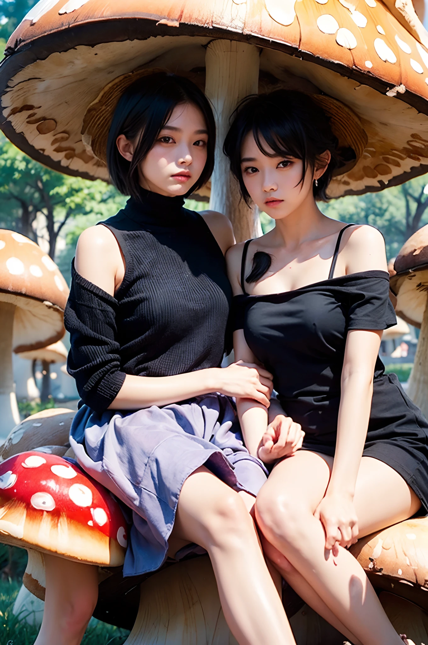 (Best quality,masterpiece:1.2,face focus:1.4,wide eyes,beautiful eyes:1.4),
BREAK
(a couple of lesbians:1.7) sitting together on a (giant mushroom:1.3),leering:1.2,tutu dress,vivid color,
BREAK
fantastical world,fantasy,((watercolor painting)),ulzzang-6500-v1.1,