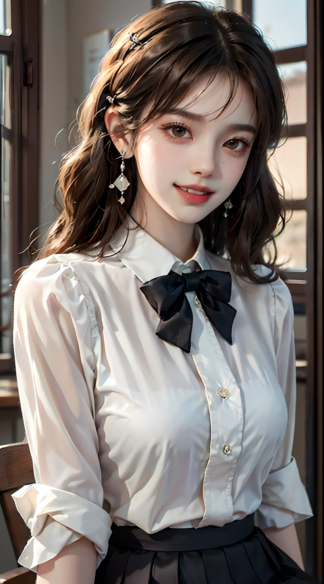 ((looking ahead)), ((Front Shooting)), ((realistic)), ((Sit Pose, Holding Erlang's legs)), 1girll, Asian model, curlies, Air bangs, Beautiful hair accessories, Brown hair, (grin, Leaking teeth), ((White color blouse, neck bowtie, a black pleated skirt)), Campus style, inside a classroom, (warm lights, a warm color palette), Detailed details, ultra-detailliert, (tmasterpiece, best qualtiy), (An extremely delicate and beautiful work), Delicate earrings, Simple blurred background, Extreme detail description, Ultra-fine painting, Delicate face, slim toned body