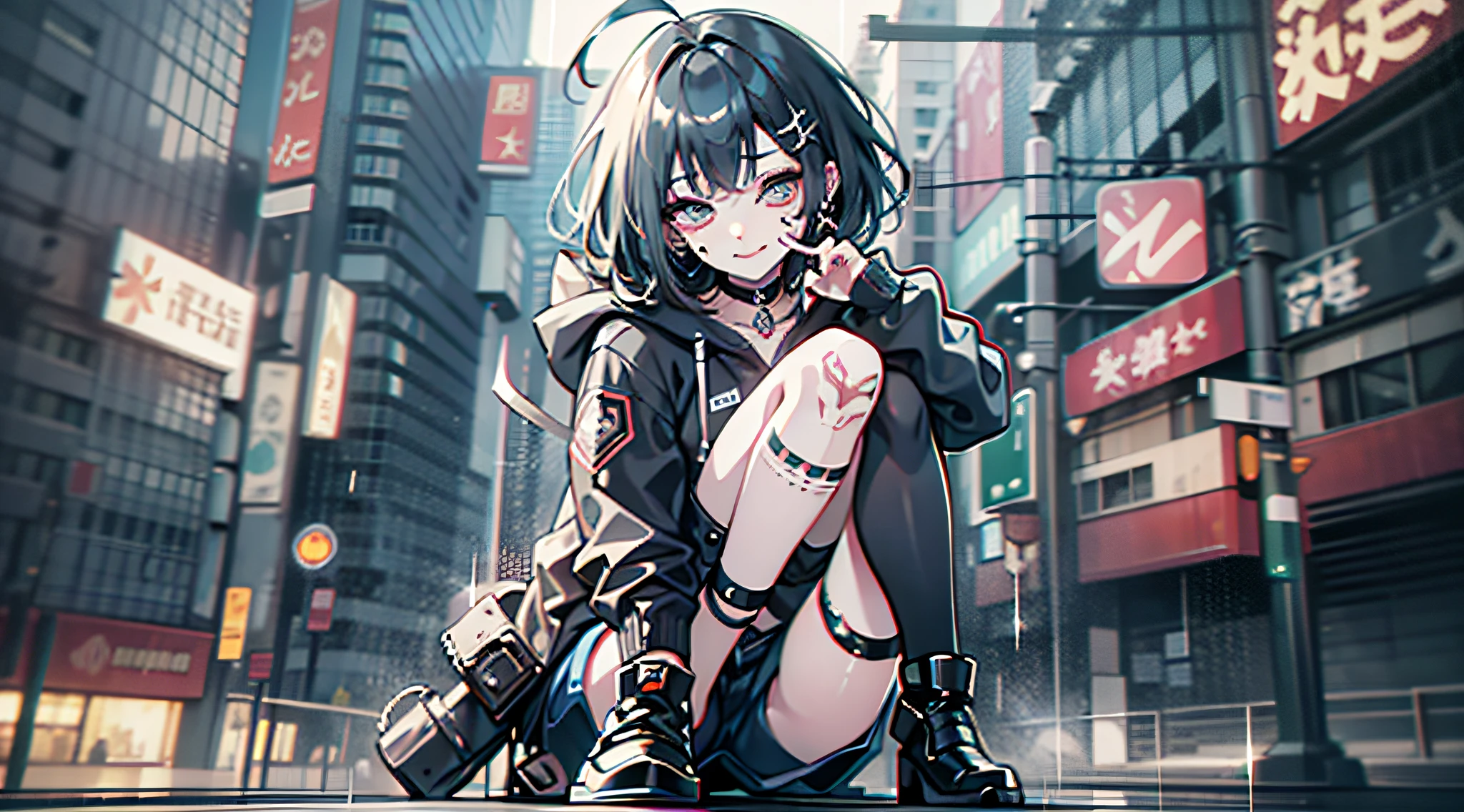 middle_finger, {masterpiece}, {best quality}, {masterpiece,best quality,official art,extremely detailed CG unity 8k wallpaper}, in the rain, {{{in the cyberpunk city}}}, {cityscape}, artbook, realistic, photo, real, girl, mesugaki, short hair, blue hair, ahoge, parted bangs, smug, naughty_face, {gradient eyes}, shorts, {hoodie }, leg tattoo, boots,
