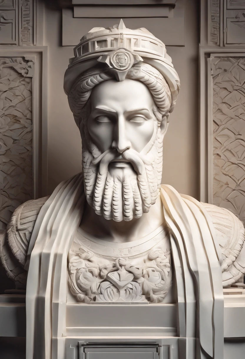 White marble statue of bust of wise Rasta man with the style of the bearded Pharoe in the museum. Atmosfera escura, alto contraste de luz e sombra, fotografia profissional, utrarealista, Light Volumetric, cinemactic