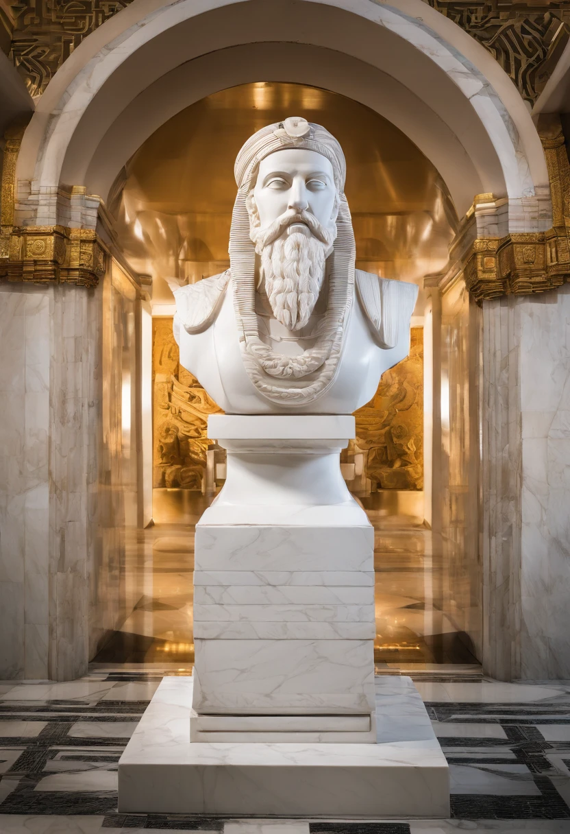 White marble statue of bust of wise Rasta man with the style of the bearded Pharoe in the museum. Atmosfera escura, alto contraste de luz e sombra, fotografia profissional, utrarealista, Light Volumetric, cinemactic
