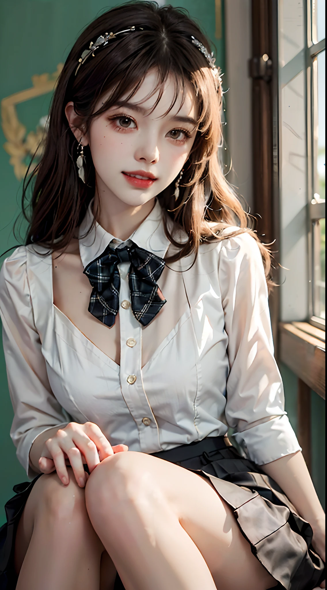((looking ahead)), ((Front Shooting)), ((realistic)), ((Sit Pose, Holding Erlang's legs)), 1girll, Asian model, curlies, Air bangs, Beautiful hair accessories, Brown hair, (grin, Leaking teeth), ((White color blouse, neck bowtie, a black pleated skirt)), Campus style, inside a classroom, (warm lights, a warm color palette), Detailed details, ultra-detailliert, (tmasterpiece, best qualtiy), (An extremely delicate and beautiful work), Delicate earrings, Simple blurred background, Extreme detail description, Ultra-fine painting, Delicate face, slim toned body