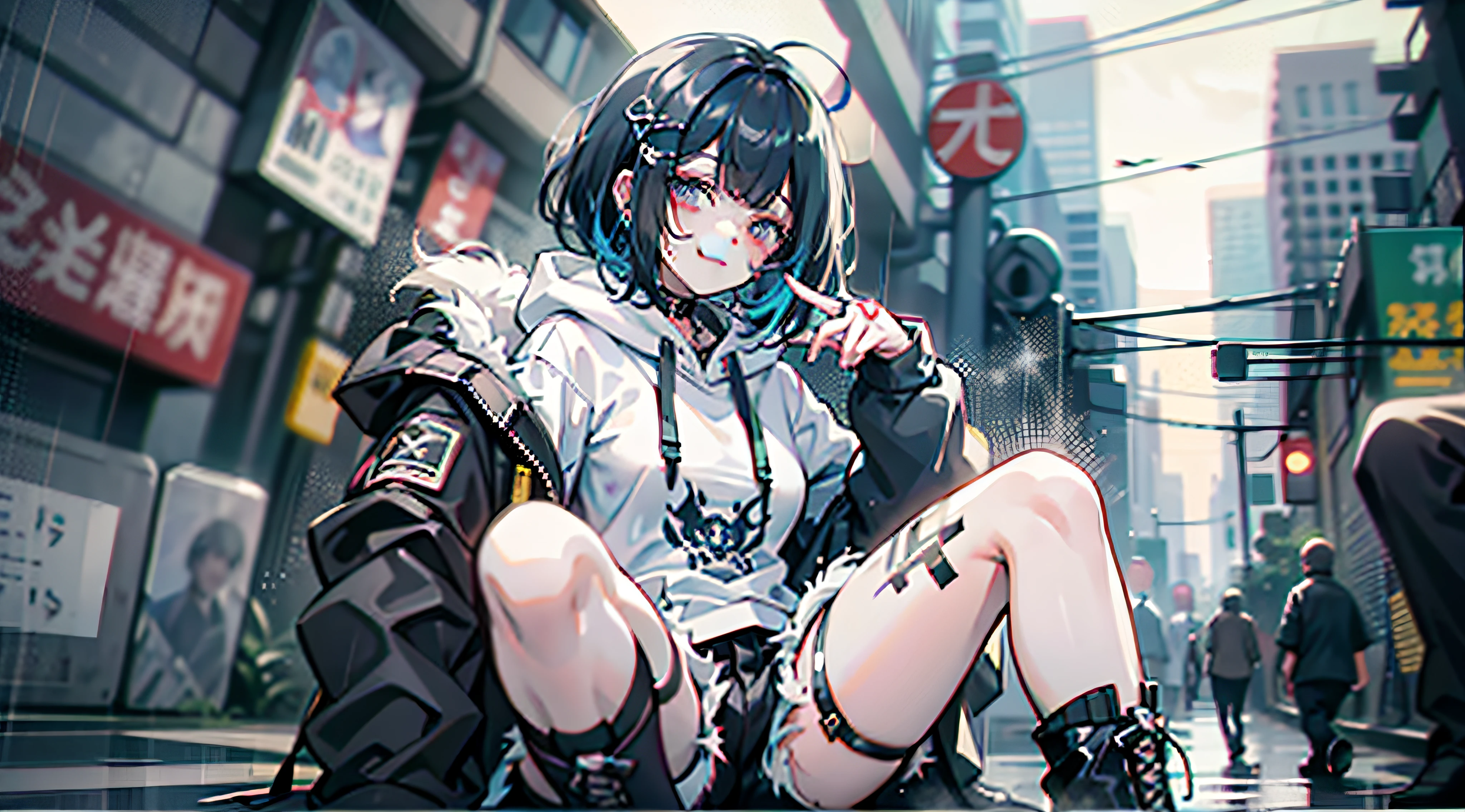 middle_finger, {masterpiece}, {best quality}, {masterpiece,best quality,official art,extremely detailed CG unity 8k wallpaper}, in the rain, {{{in the cyberpunk city}}}, {cityscape}, artbook, realistic, photo, real, girl, mesugaki, short hair, blue hair, ahoge, parted bangs, smug, naughty_face, {gradient eyes}, shorts, {hoodie }, leg tattoo, boots,