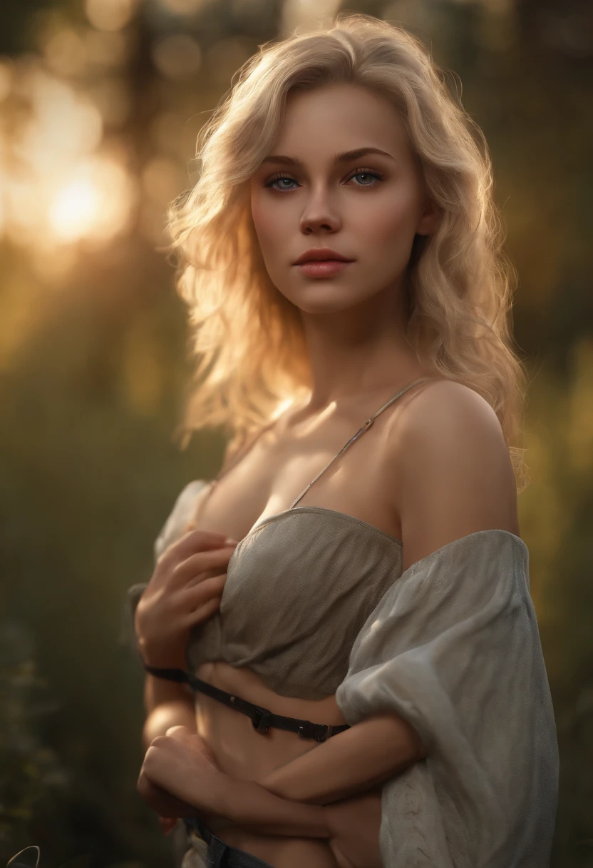 (photorealistic, highres, photography, :1.3), 1 blonde girl, teenage Russian girl, (small breasts), short, seductive, realistic skin, perfect body, cleavage, midriff, extremely detailed hair, (cute), outdoor, ((realistic, super realistic, realism, realistic detail))