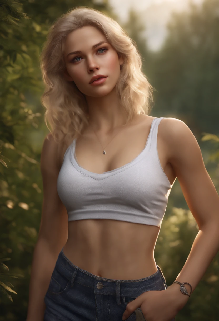 (photorealistic, highres, photography, :1.3), 1 blonde girl, age Russian girl, (small breasts), short, seductive, realistic skin, perfect body, cleavage, midriff, extremely detailed hair, (cute), outdoor, ((realistic, super realistic, realism, realistic detail))