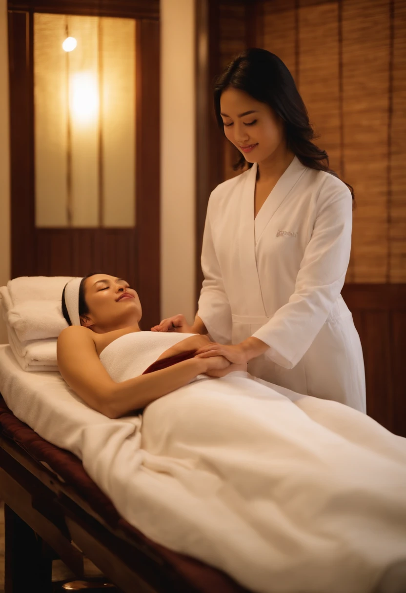 Asian woman getting a massage at spa with woman in white gown,