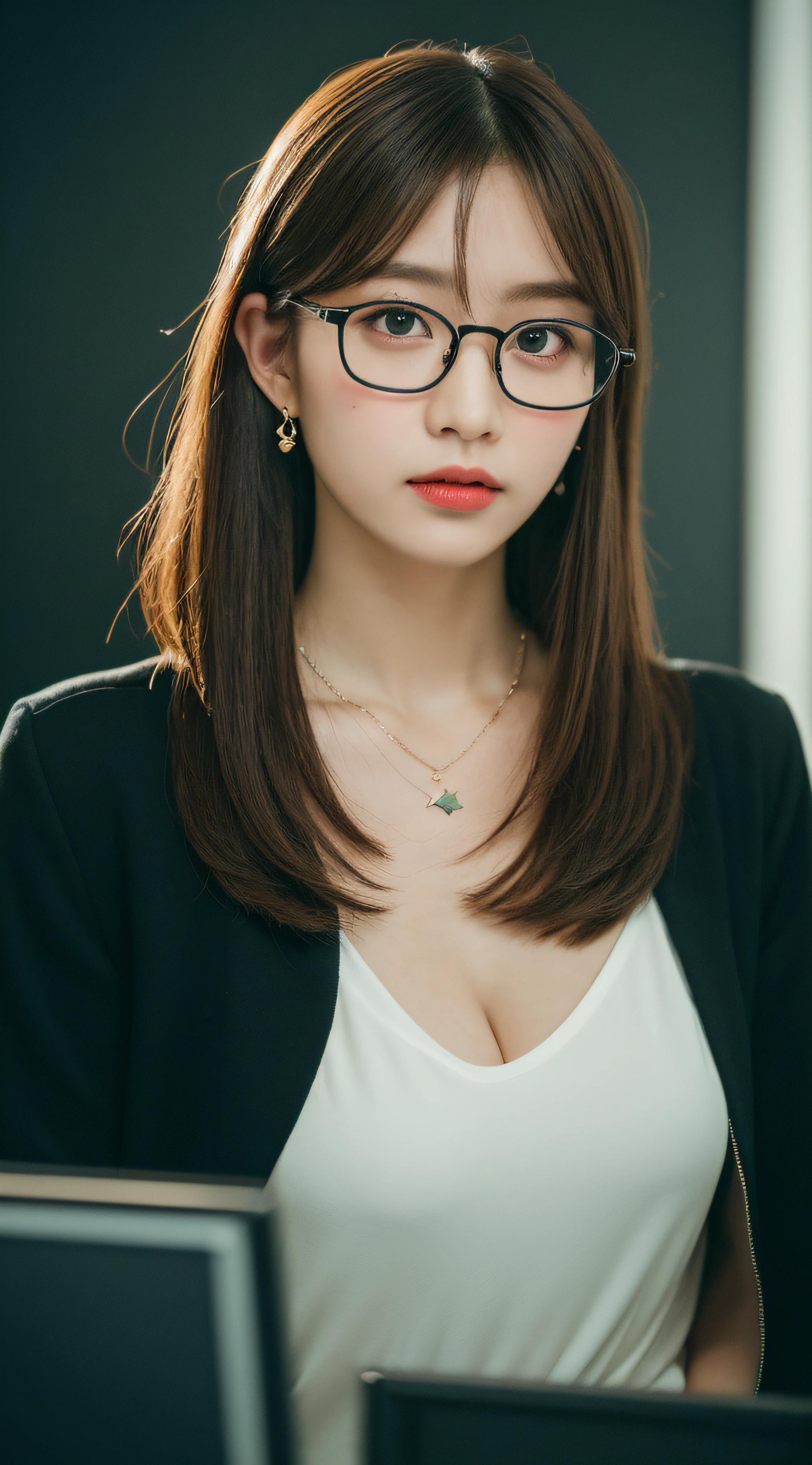 ((Best Quality, 8K, Masterpiece: 1.3)), Sharp: 1.2, Perfect Body Beauty: 1.4, Slim Abs: 1.2, Highly Detailed Face and Skin Texture, Detailed Eyes, Double Eyelids, ((Layered Hairstyle)),  (huge breasts ), (cleavage), japanaese girl, (Brown hair), (Slim figure), white Fashion clothing, (Translucent white shirt), ((necklace, Earrings, wearing very small glasses, thin glasses frames)),  ((sitting lectern)), Looking at the Camera, cowboy shoot
BREAK
((class room, blackboard in the background)), detailed background
BREAK
Use a Sony Alpha 1 Mirrorless Camera with a Sony FE 24-105mm f/4 G OSS lens. Set the ISO sensitivity to 32,000 and the shutter speed to 1/125 second. The image should be framed in such a way that the girl is in the center, with the vast starry sky above and the rolling hills of "Princess Mononoke" in the background. --ar 16:9 --v 5.1 --style raw --q 2 --s 750