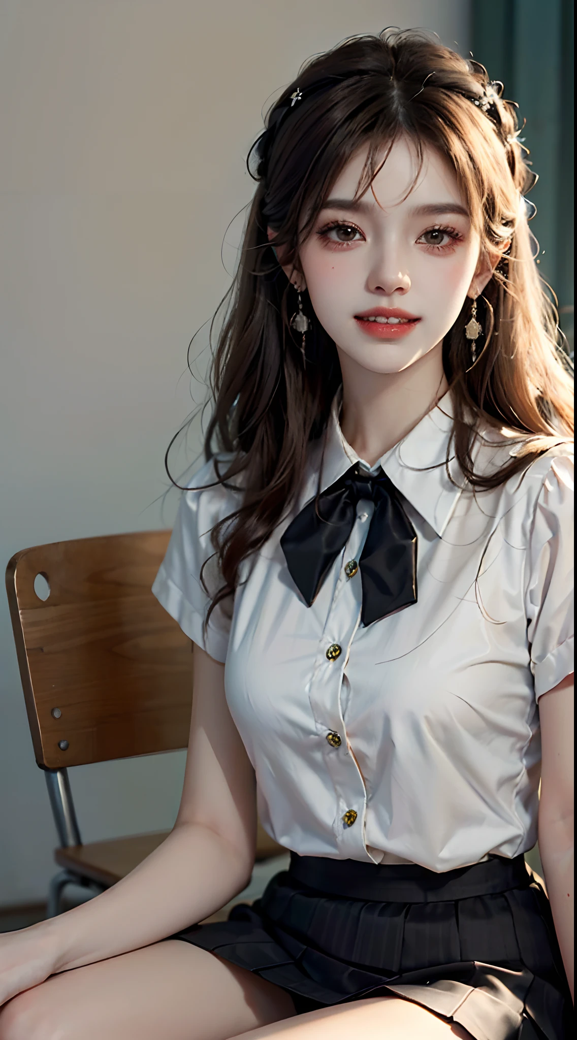 ((looking ahead)), ((Front Shooting)), ((realistic)), ((Sit Pose, Holding Erlang's legs)), 1girll, Asian model, curlies, Air bangs, Beautiful hair accessories, Brown hair, (grin, Leaking teeth), ((White color blouse, neck bowtie, a black pleated skirt)), Campus style, inside a classroom, (warm lights, a warm color palette), Detailed details, ultra-detailliert, (tmasterpiece, best qualtiy), (An extremely delicate and beautiful work), Delicate earrings, Simple blurred background, Extreme detail description, Ultra-fine painting, Delicate face, slim toned body
