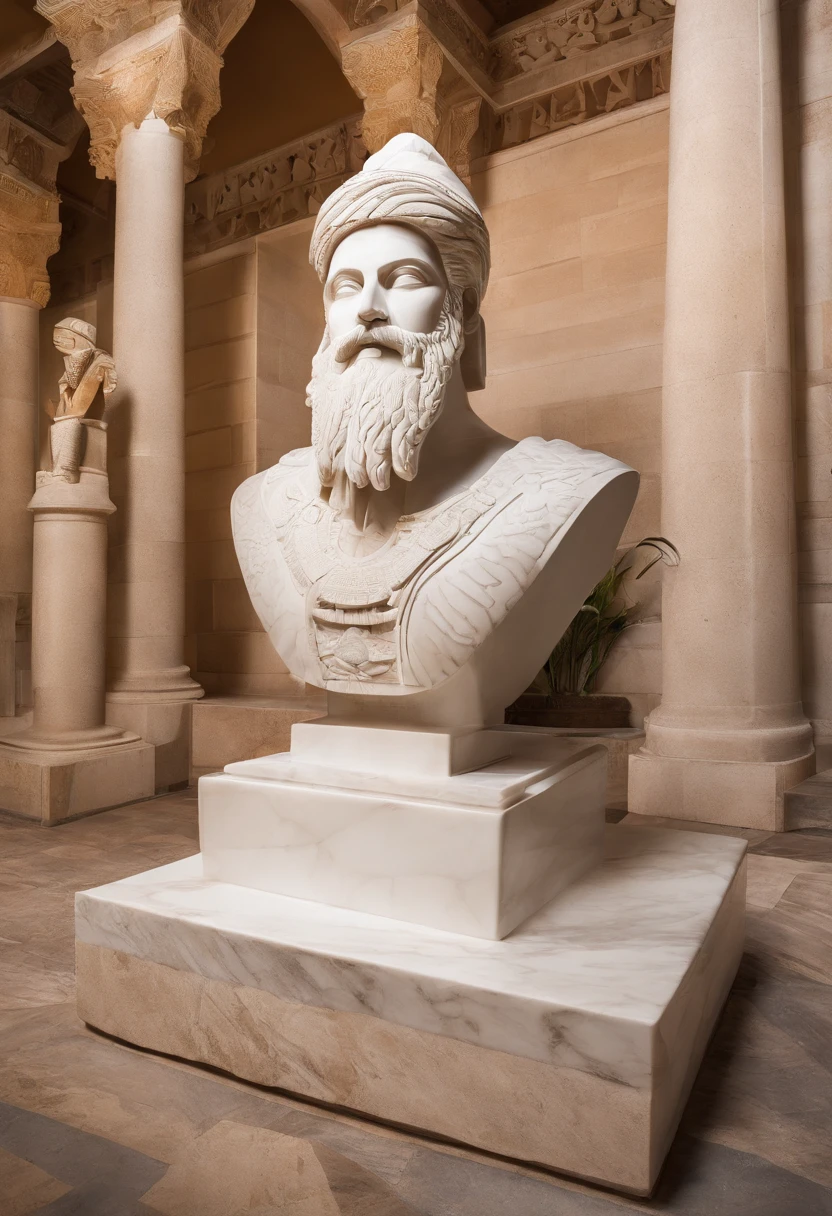 White marble statue of bust of wise Rasta man with the style of the bearded Pharoe in the museum. Negroid, African, Mali, Atmosfera escura, alto contraste de luz e sombra, fotografia profissional, utrarealista, Light Volumetric, cinemactic