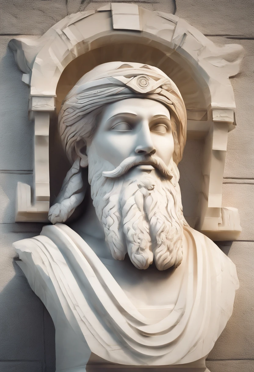 White marble statue of bust of wise Rasta man with the style of the bearded Pharoe in the museum. Negroid, African, Mali, Atmosfera escura, alto contraste de luz e sombra, fotografia profissional, utrarealista, Light Volumetric, cinemactic