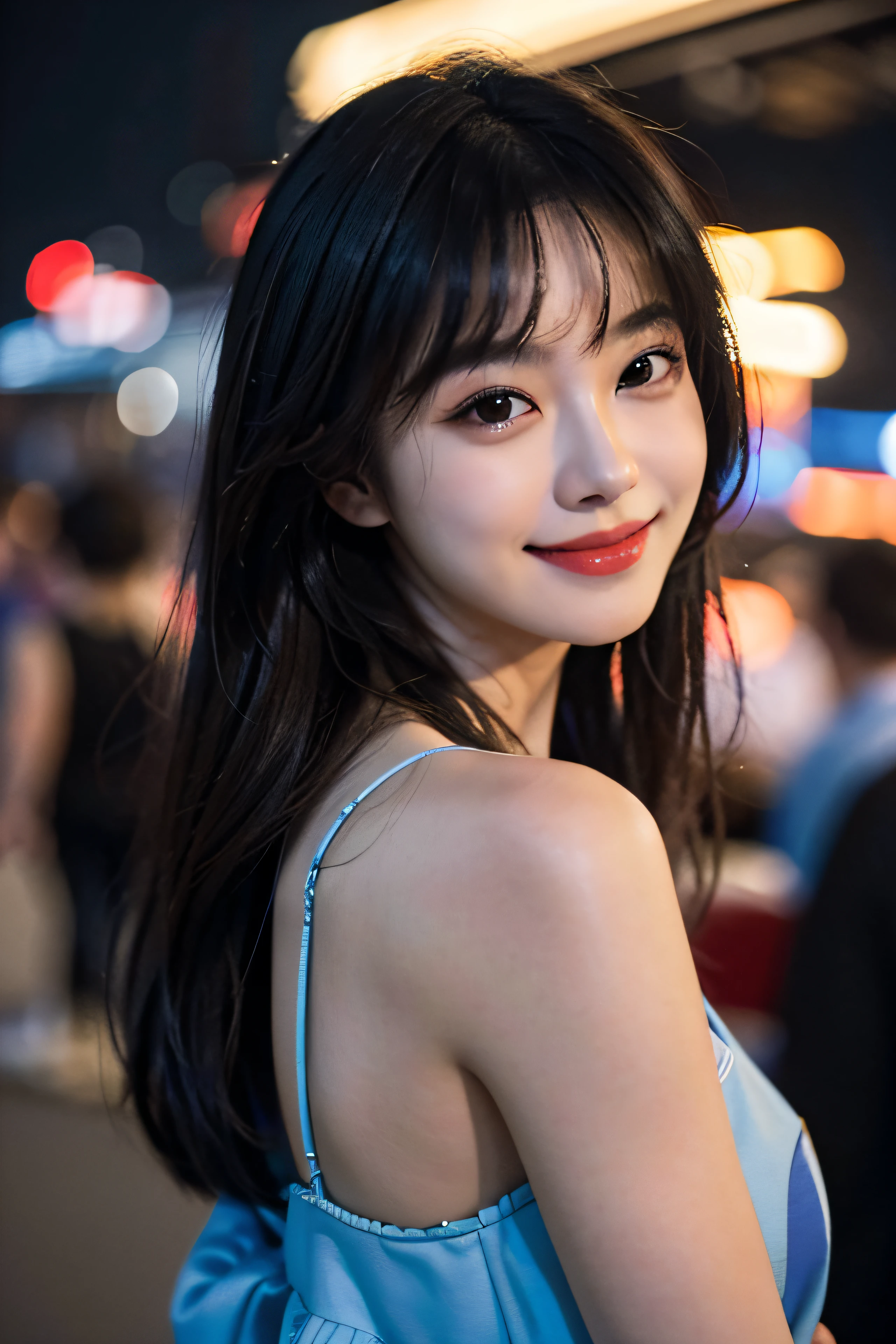 1girl, hong kong night market, night, cityscape, city lights, upper body, close-up, 8k, RAW photo, best quality, (masterpiece:1.4), realistic, photo-realistic, (closed smile:1.2), kpop idol makeup, soft smile