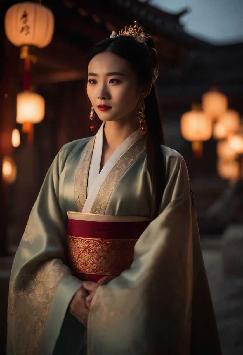 1womanl, 24 years of age，Chinese Beauty，Long hair，The chin is slightly pointed，((Focus above the thighs))，Star-studded beauty，Chinese costumes，Gorgeous，Ancient Chinese court architecture，Chinese elements，the night，Countless lanterns，Front lighting，