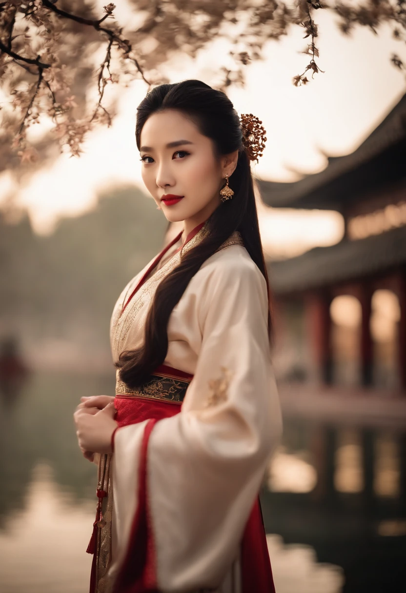 1womanl, 24 years of age，Chinese Beauty，Long hair，The chin is slightly pointed，((Focus above the thighs))，Star-studded beauty，Chinese costumes，Gorgeous，Ancient Chinese court architecture，Chinese elements，the night，Countless lanterns，Front lighting，