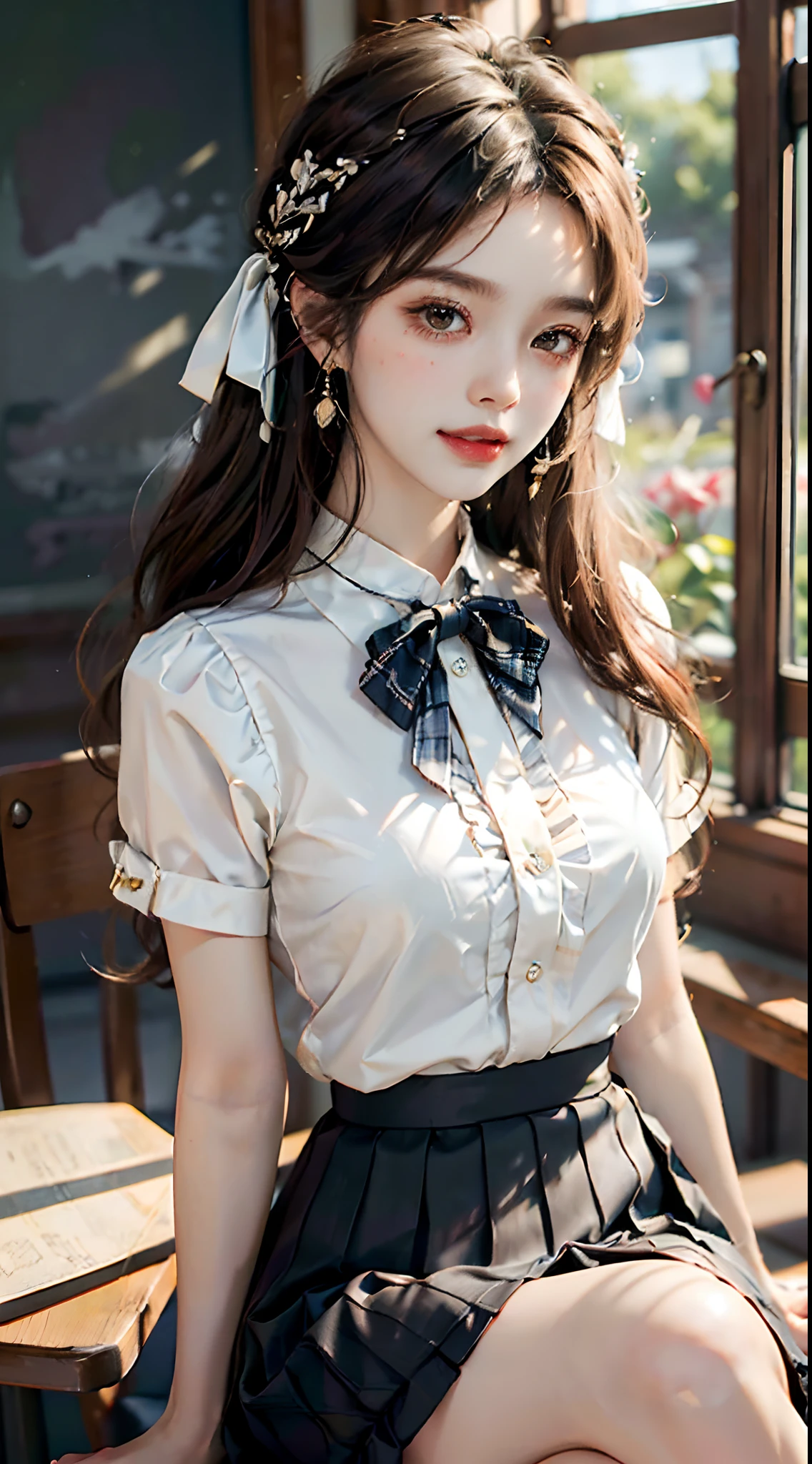 ((looking ahead)), ((Front Shooting)), ((realistic)), ((Sit Pose, Holding Erlang's legs)), 1girll, Asian model, curlies, Air bangs, Beautiful hair accessories, Brown hair, (grin, Leaking teeth), ((White color blouse, neck bowtie, a black pleated skirt)), Campus style, inside a classroom, (warm lights, a warm color palette), Detailed details, ultra-detailliert, (tmasterpiece, best qualtiy), (An extremely delicate and beautiful work), Delicate earrings, Simple blurred background, Extreme detail description, Ultra-fine painting, Delicate face, slim toned body