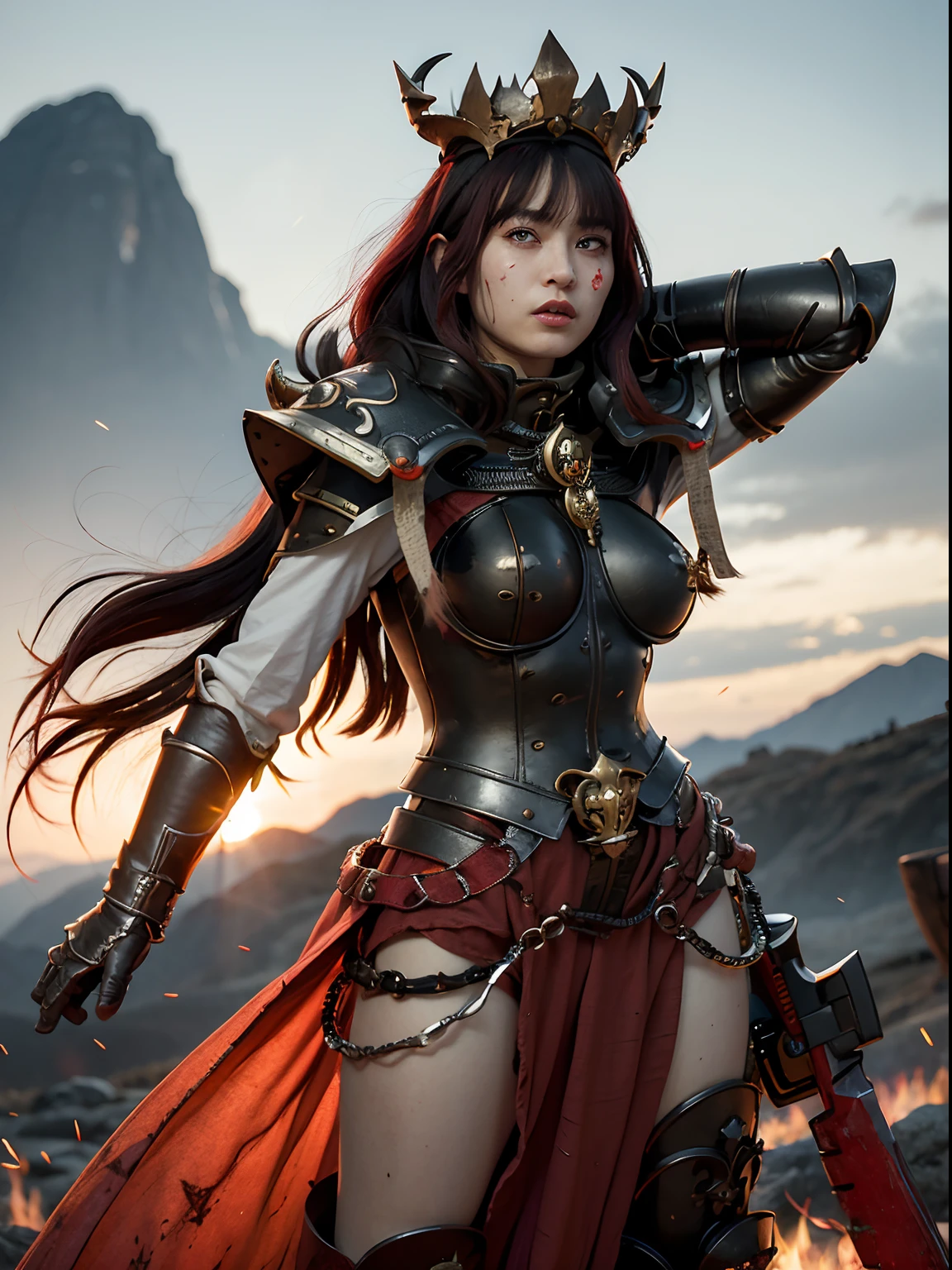(Bleeding from the head), Professional , masterpiece、top-quality、photos realistic , depth of fields (Gemstone Black Metal Body:1.4),(Matte Black、Toostock、(cleavage of the breast)、((Random Hairstyles 1.5),Dark Fantasy,)explosions、intense fighting、Blood on the face,Blood Rain,Blood fog(blood splattere:1.9),Dragon Gold Weapon,Mystical expression、Particles of light、Fight dragons、(Dragon Metal Body:1.4),Gorgeous Silver Weapons ,(( Dragon's dense and gorgeous sword)) , Beautiful knife ,warhammer 40k , adepta sororitas,Detail and gorgeous crown、((Red hair))、(Castle background)、、((Gangle's forest background))、Beautiful Caucasian beauty、1a person、dynamic ungle,(((Detailed and ornate Black Devil Crown)))、Smaller head、A smile、Castle background、Thin and beautiful female hands、cleavage of the breast、Soldier in iron armor on background、Mystical expression、Light Effects、intense fighting、Wind-effect、magic circles、With the legendary magic wand、(demonic wings)、