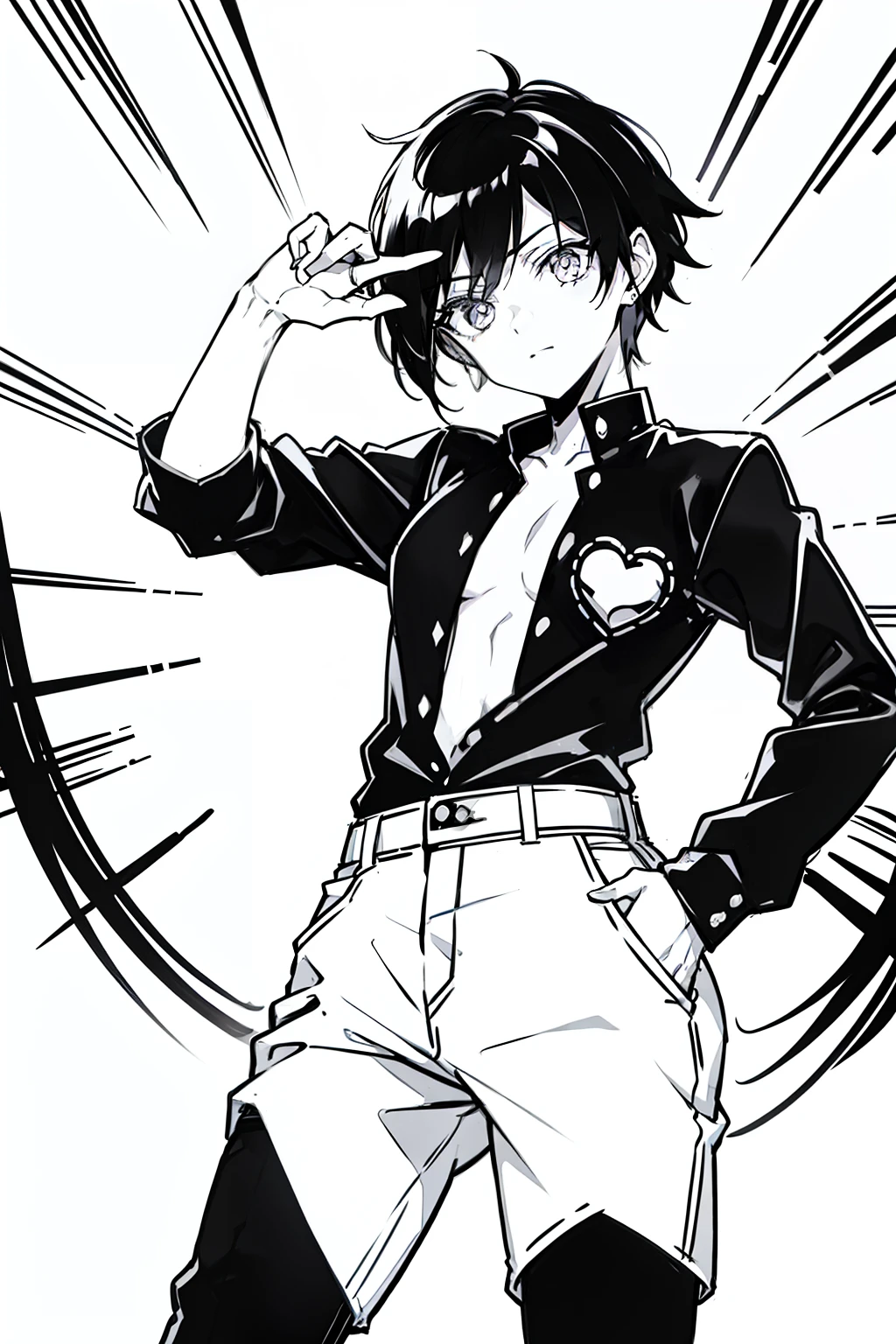 Boy, estilo Emo, roupas pretas. Pose with your arms in your pants pocket.